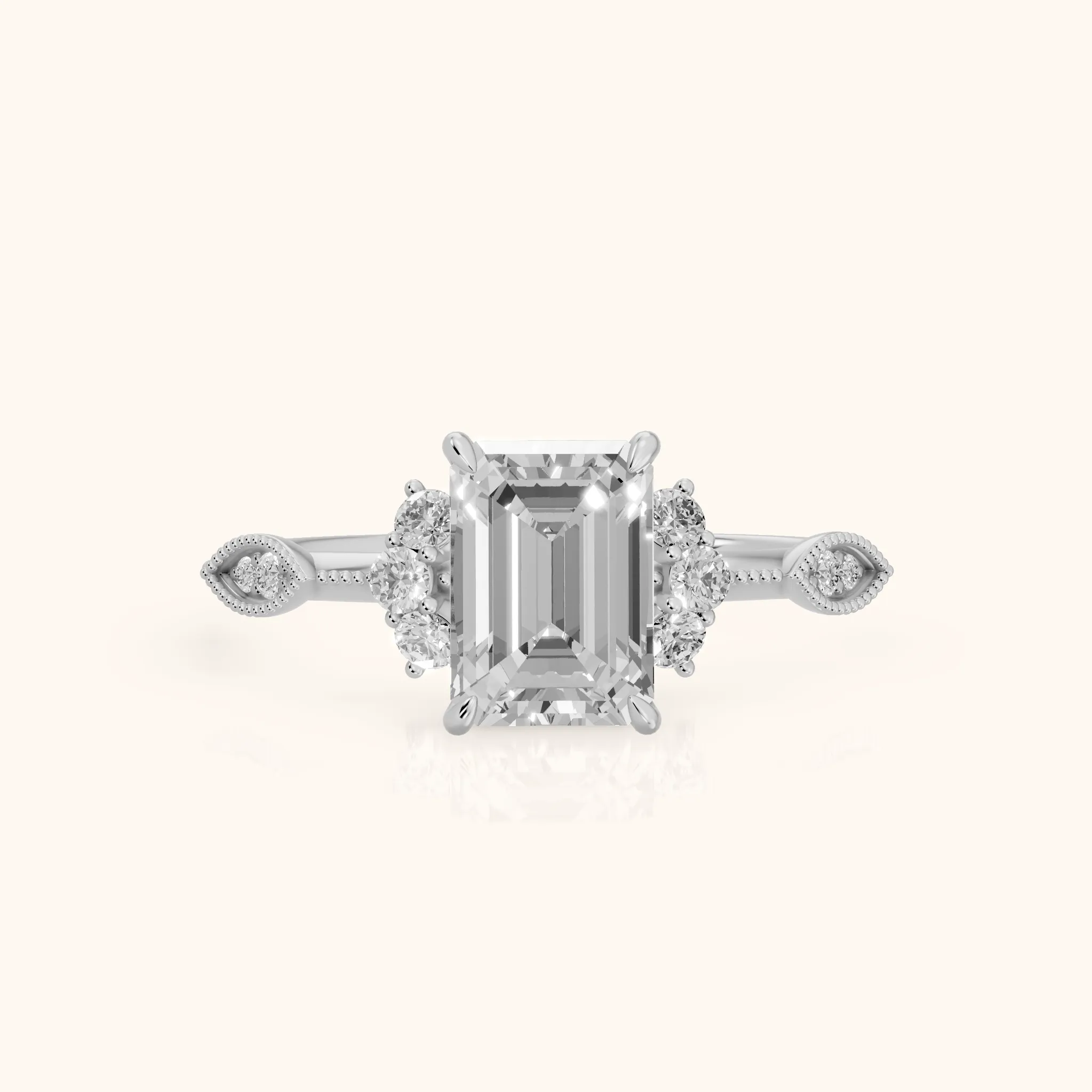 Naomi Vintage Milgrain Emerald Diamond Engagement Ring in Silver — view 1