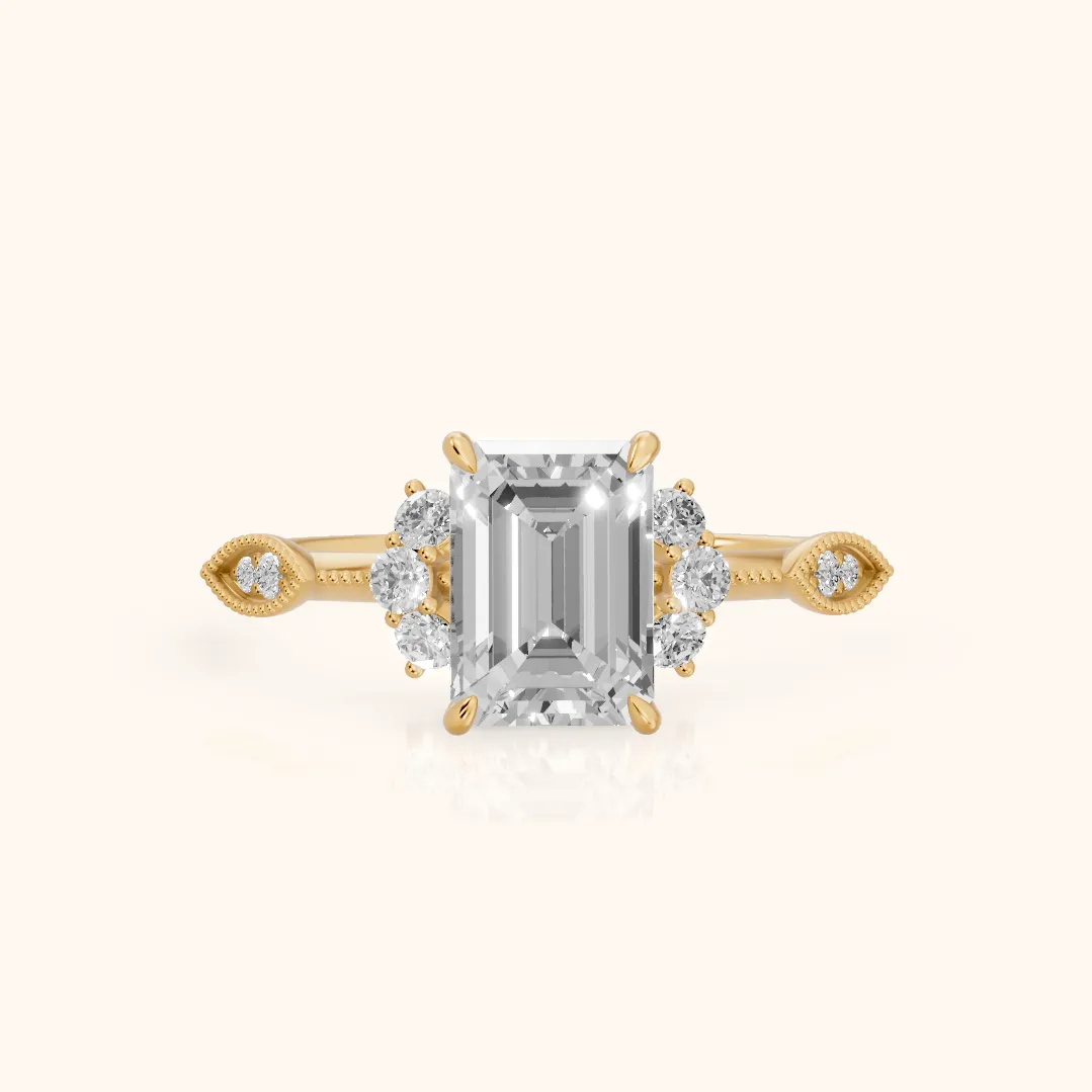 Naomi Vintage Milgrain Emerald Diamond Engagement Ring in Yellow Gold — view 2