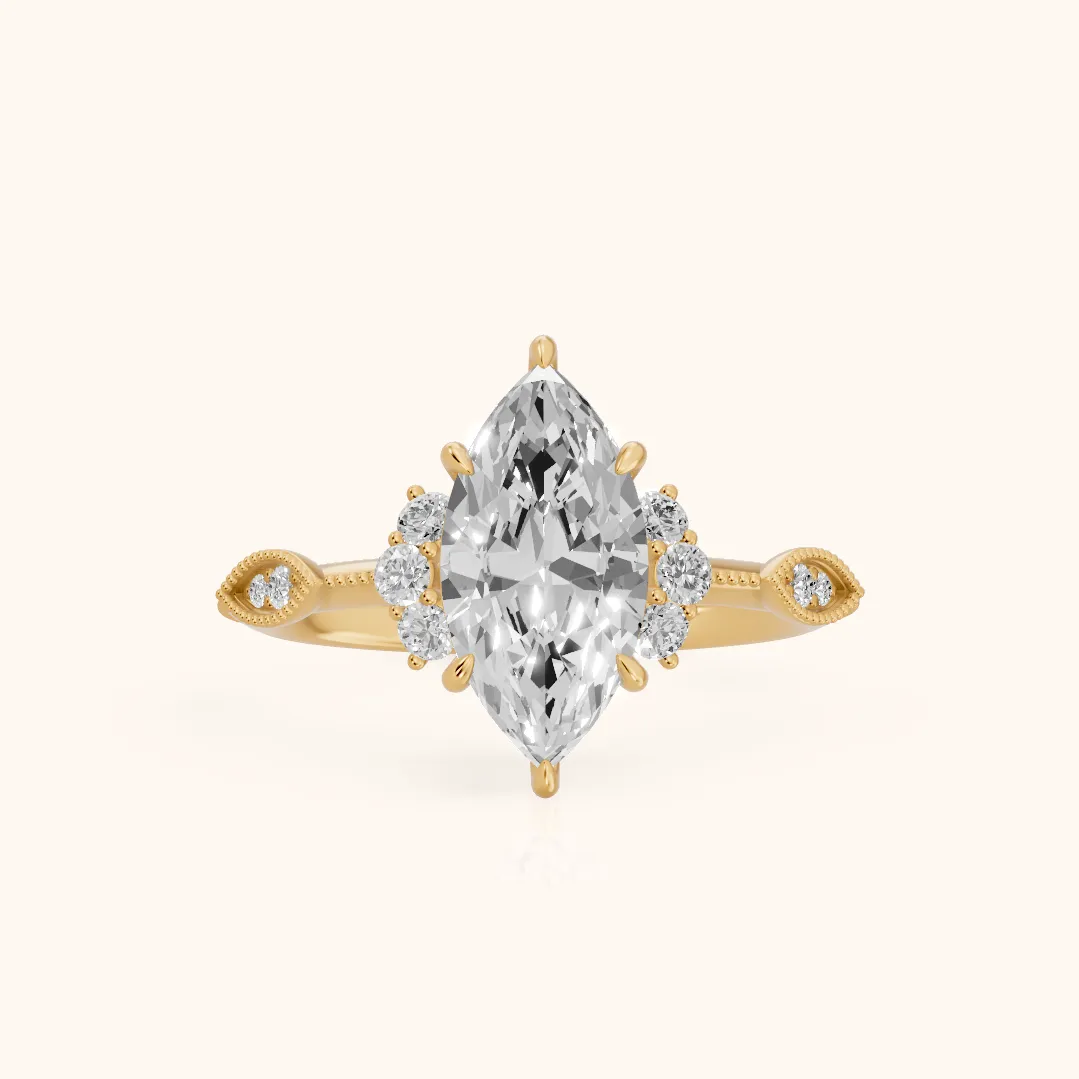 Naomi Vintage Milgrain Marquise Diamond Engagement Ring in Yellow Gold — view 2