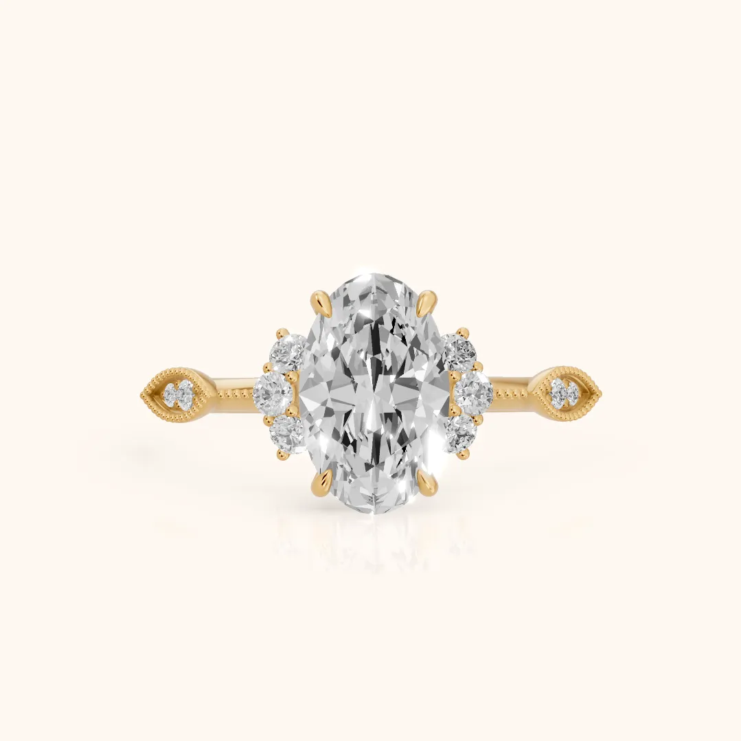 Naomi Vintage Milgrain Oval Diamond Engagement Ring in Yellow Gold — view 2