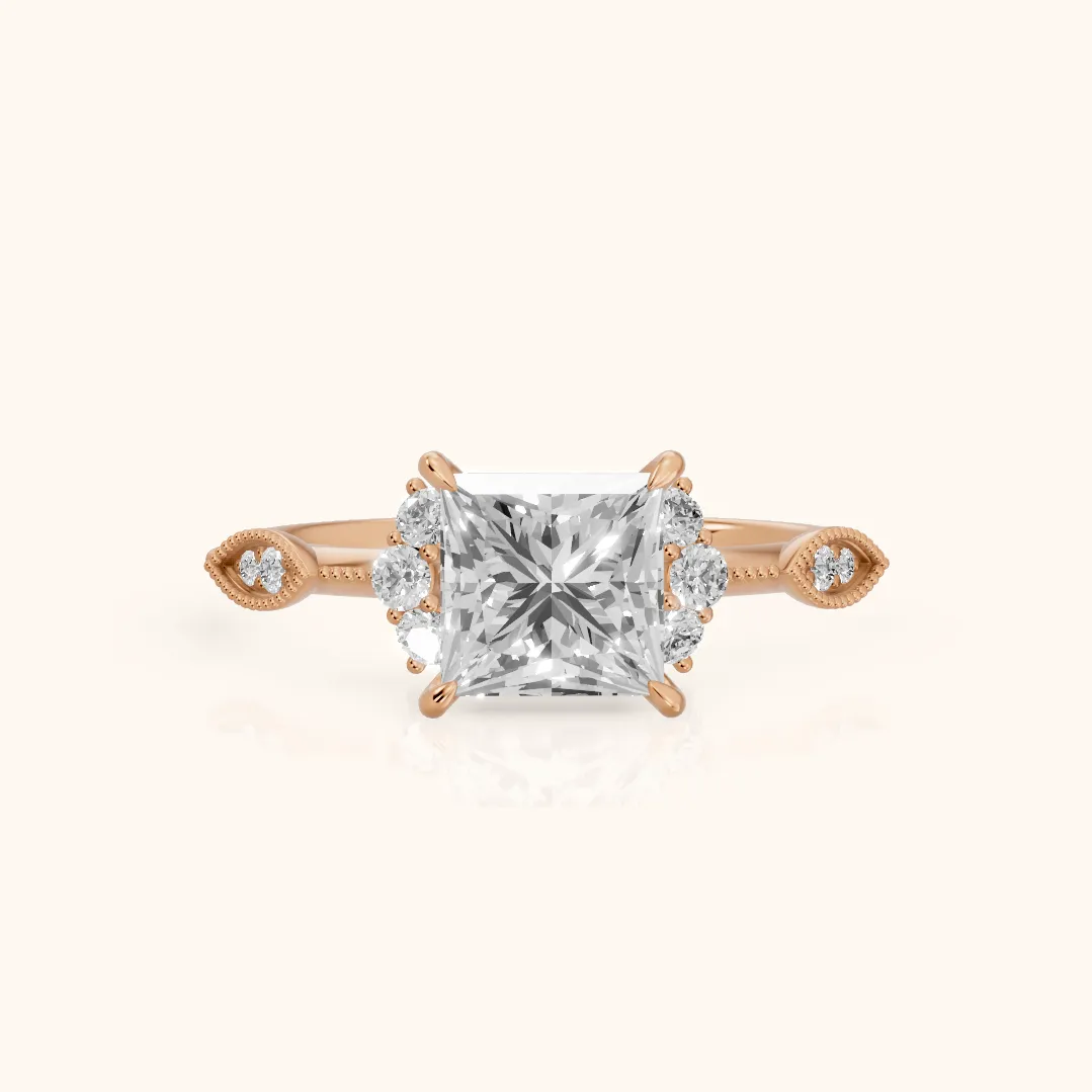 Naomi Vintage Milgrain Princess Diamond Engagement Ring in Rose Gold — view 2