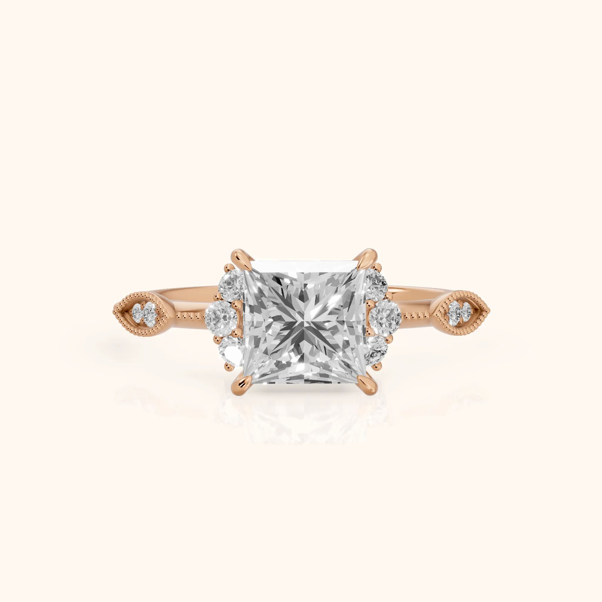 Naomi Vintage Milgrain Princess Diamond Engagement Ring in Rose Gold — view 1