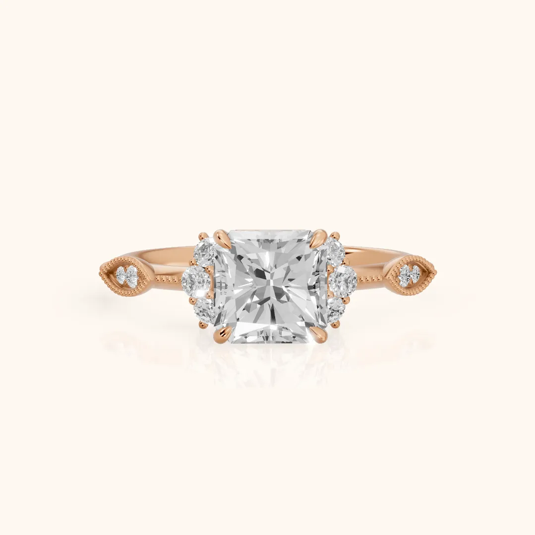 Naomi Vintage Milgrain Radiant Diamond Engagement Ring in Rose Gold — view 2