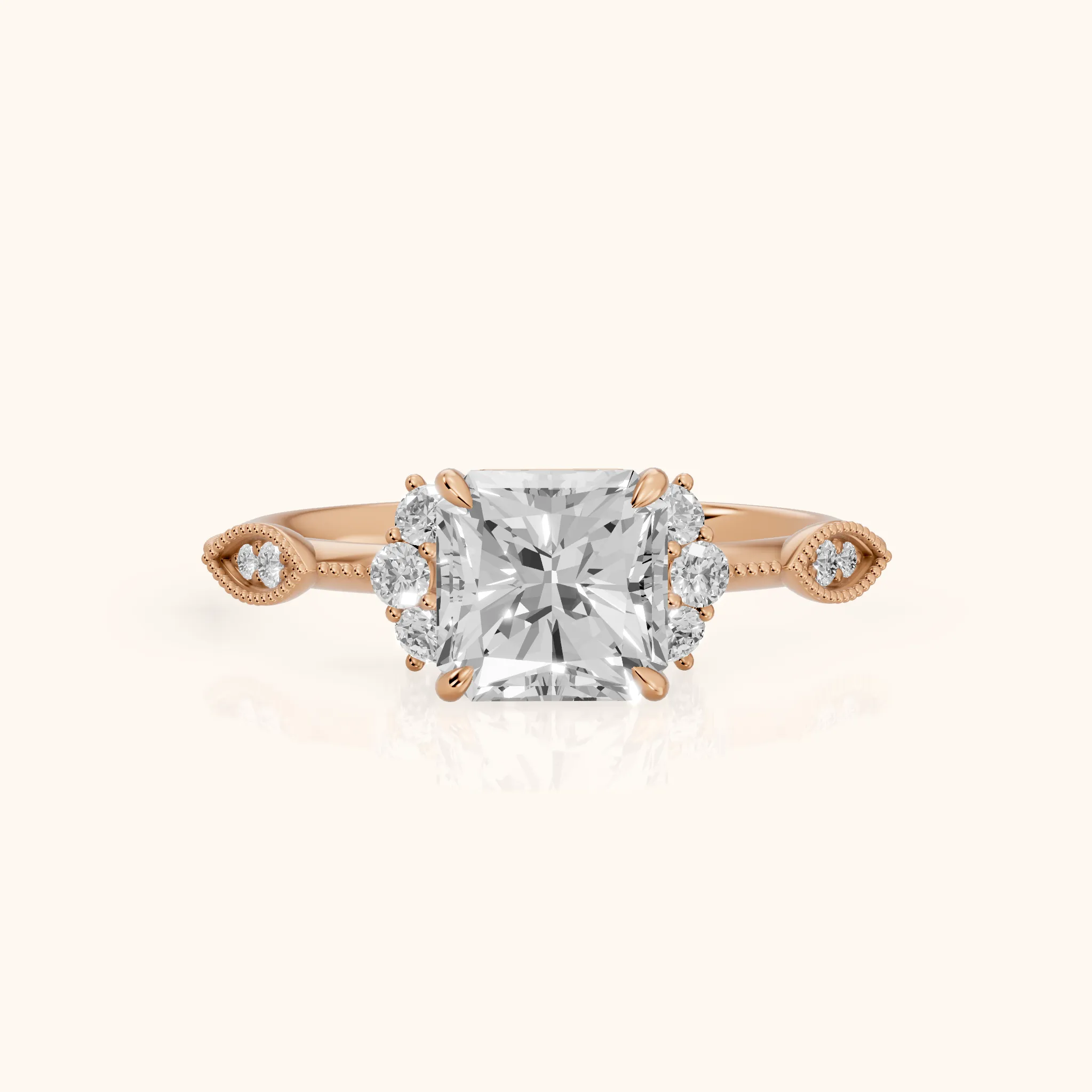 Naomi Vintage Milgrain Radiant Diamond Engagement Ring in Rose Gold — view 1