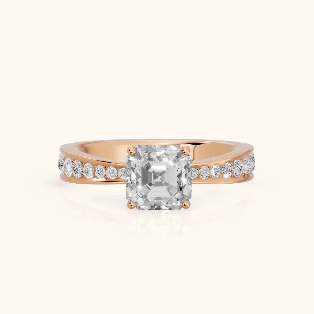 Rhea Sidestone Pavé Asscher Diamond Engagement Ring in Rose Gold — view 2