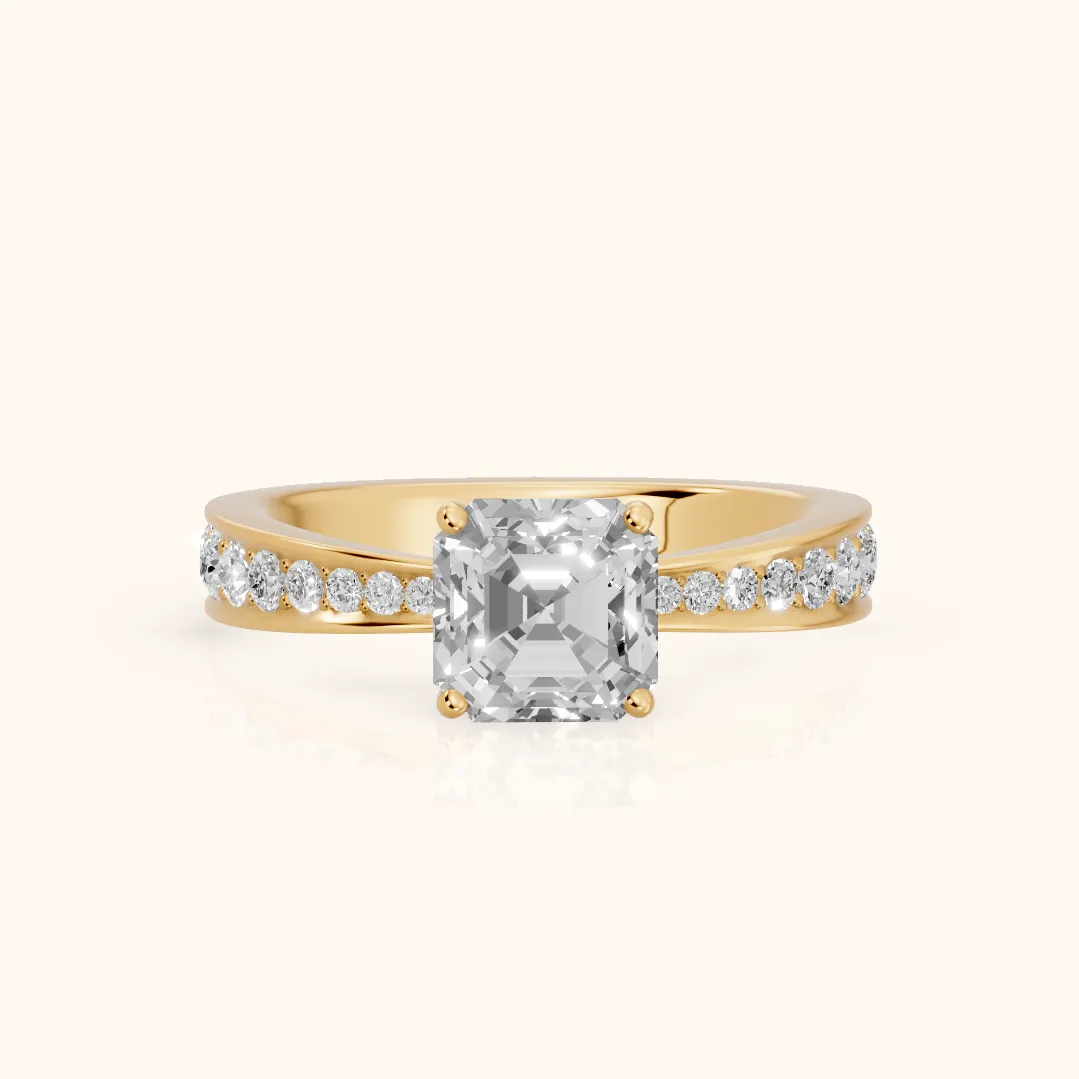 Rhea Sidestone Pavé Asscher Diamond Engagement Ring in Yellow Gold — view 2