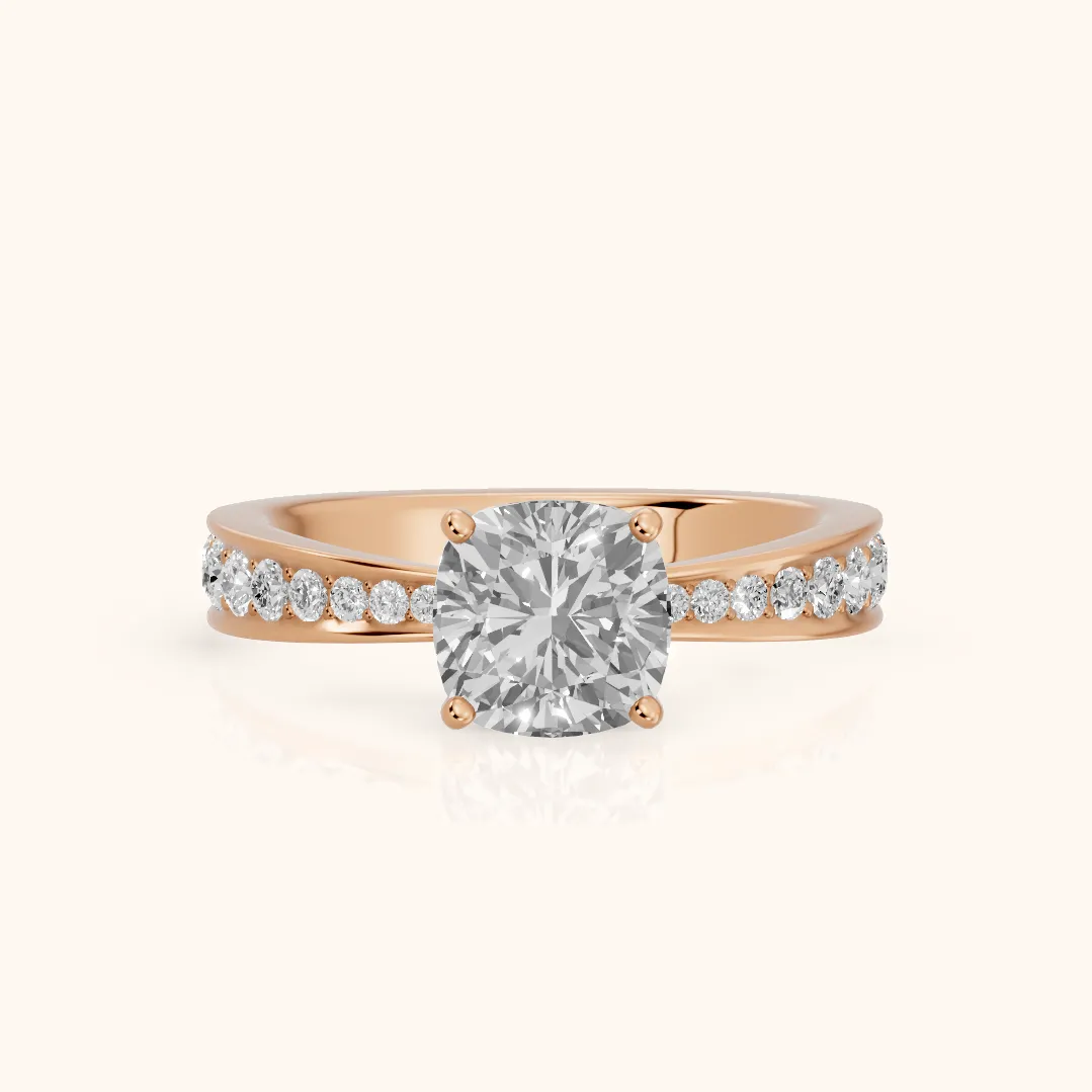 Rhea Sidestone Pavé Cushion Diamond Engagement Ring in Rose Gold — view 2
