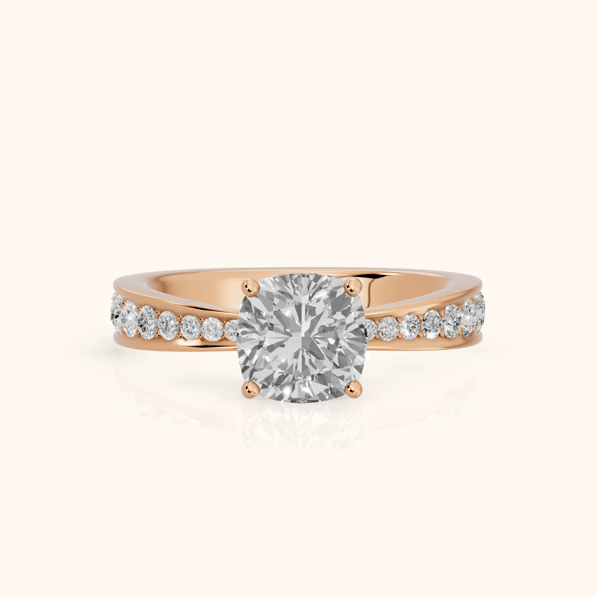 Rhea Sidestone Pavé Cushion Diamond Engagement Ring in Rose Gold — view 1