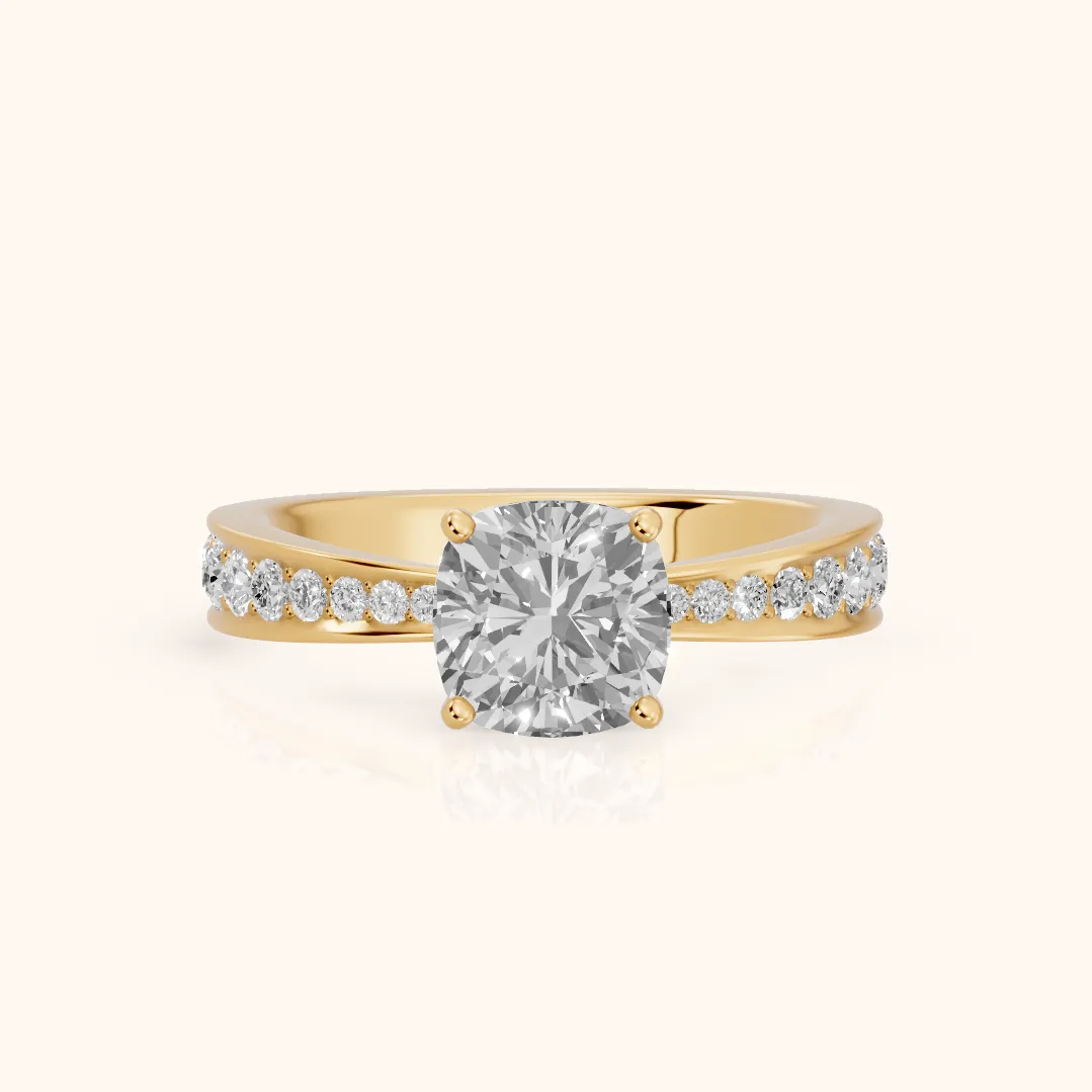 Rhea Sidestone Pavé Cushion Diamond Engagement Ring in Yellow Gold — view 2