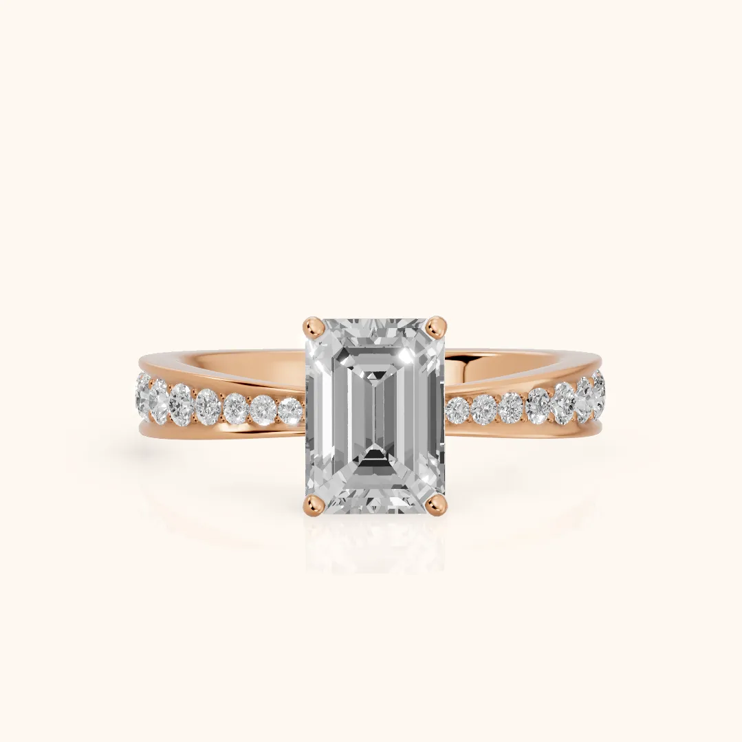 Rhea Sidestone Pavé Emerald Diamond Engagement Ring in Rose Gold — view 2