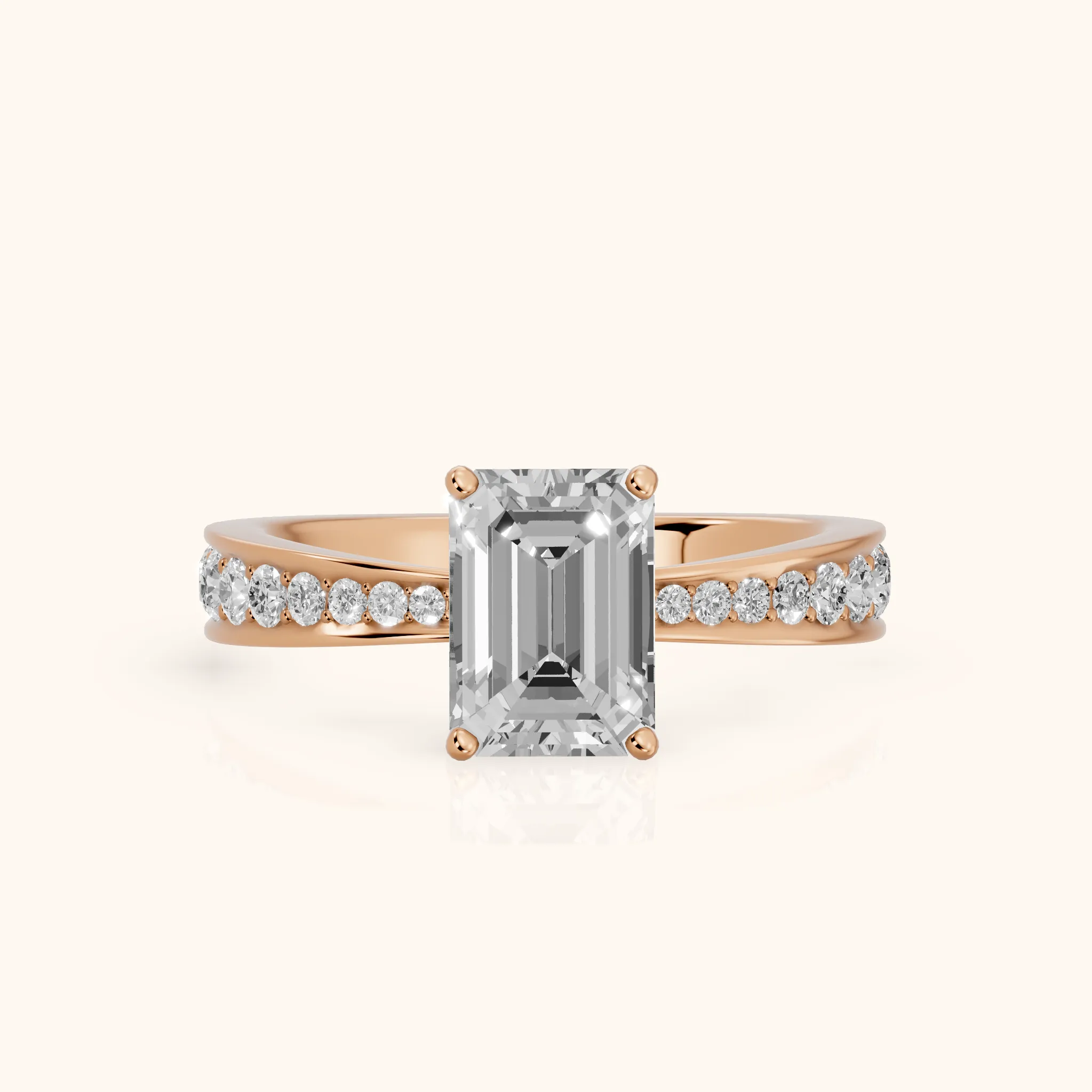 Rhea Sidestone Pavé Emerald Diamond Engagement Ring in Rose Gold — view 1