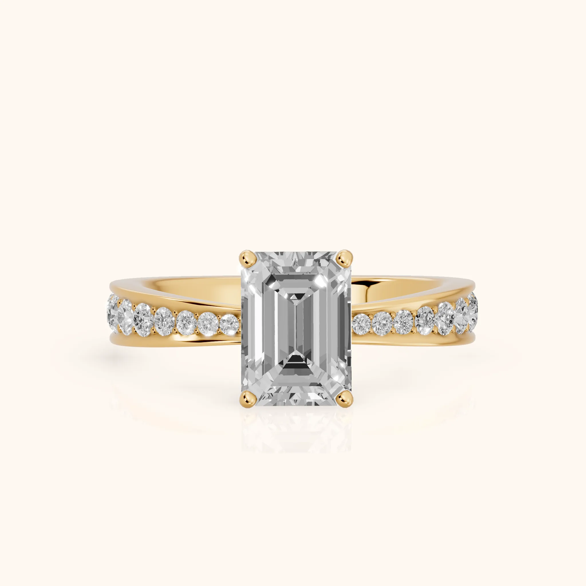 Rhea Sidestone Pavé Emerald Diamond Engagement Ring in Yellow Gold — view 1