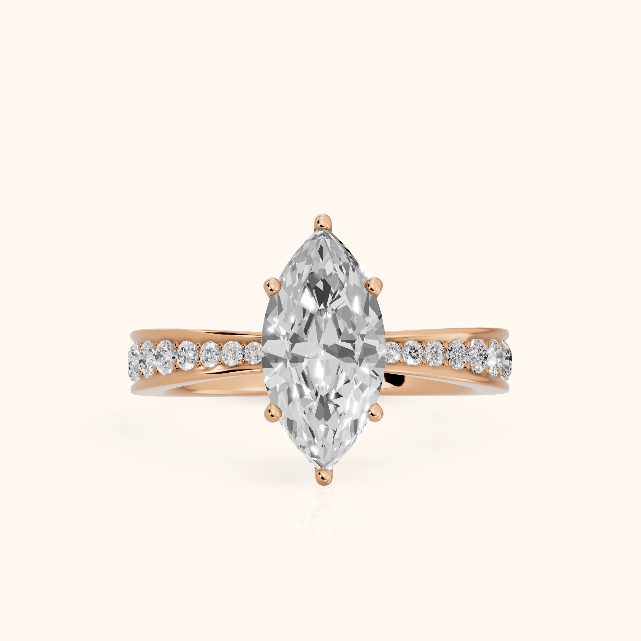Rhea Sidestone Pavé Marquise Diamond Engagement Ring in Rose Gold — view 1