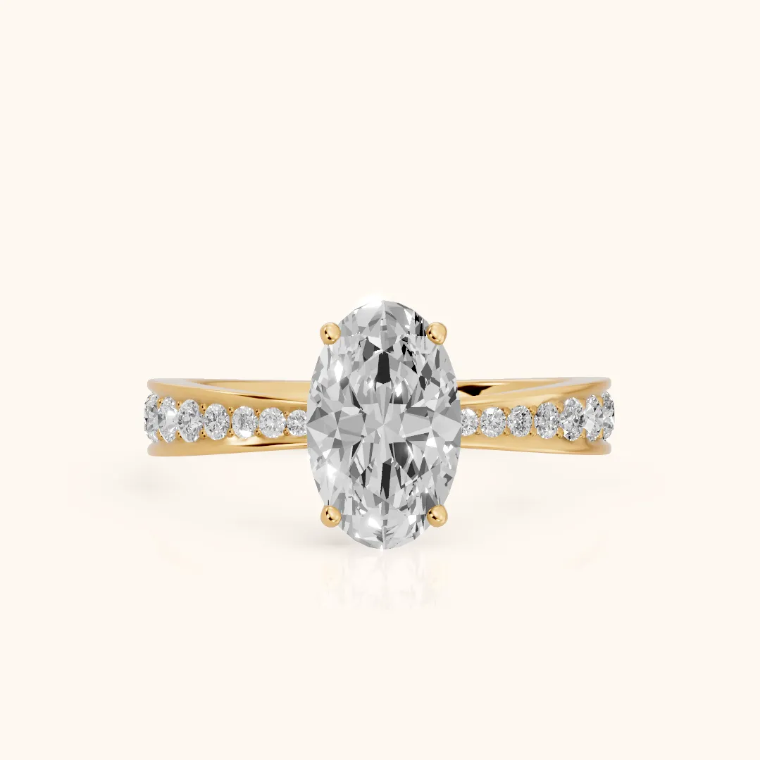 Rhea Sidestone Pavé Oval Diamond Engagement Ring in Yellow Gold — view 2