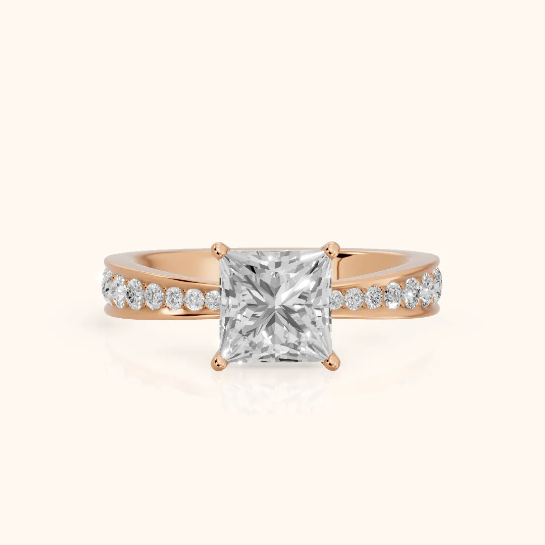 Rhea Sidestone Pavé Princess Diamond Engagement Ring in Rose Gold — view 2