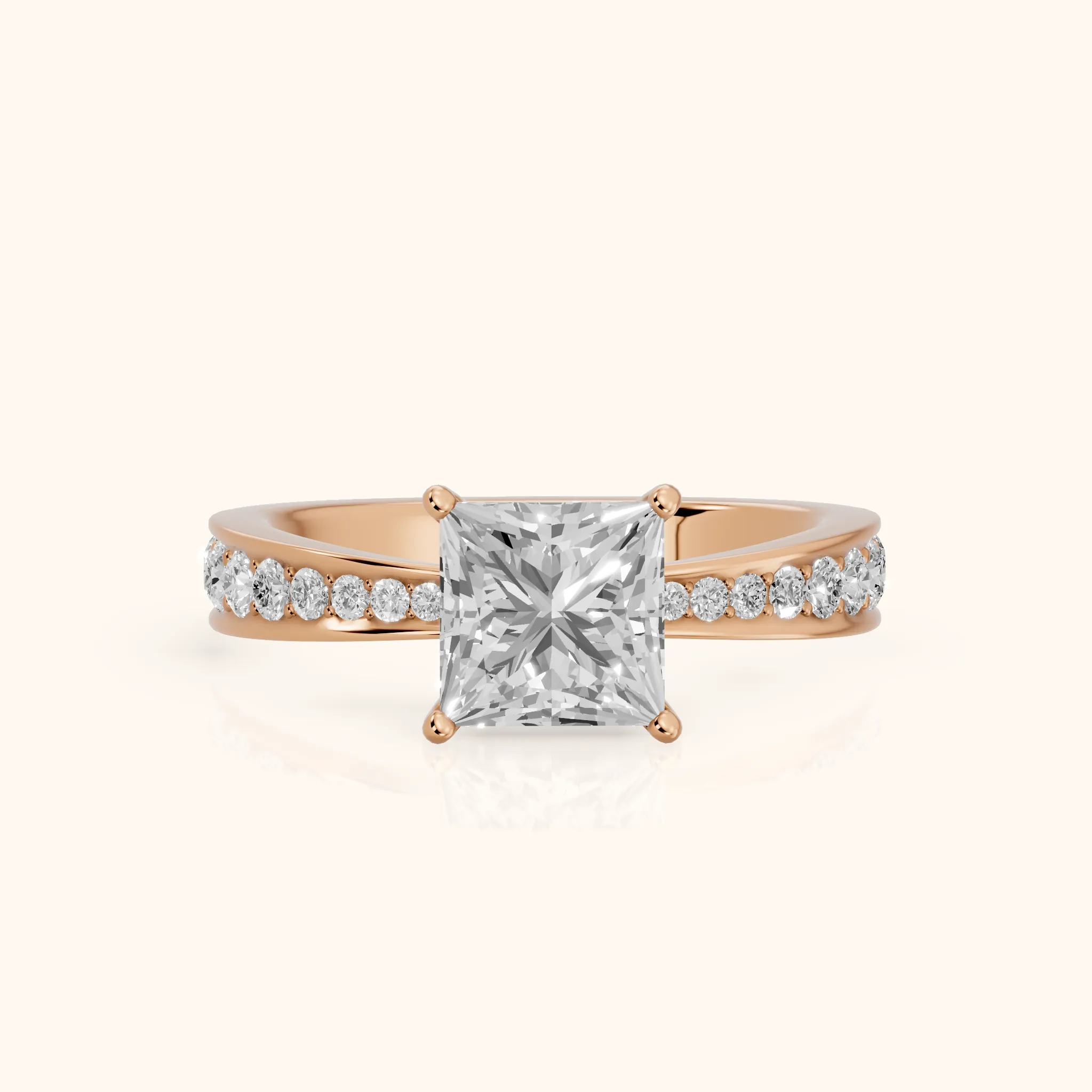 Rhea Sidestone Pavé Princess Diamond Engagement Ring in Rose Gold — view 1