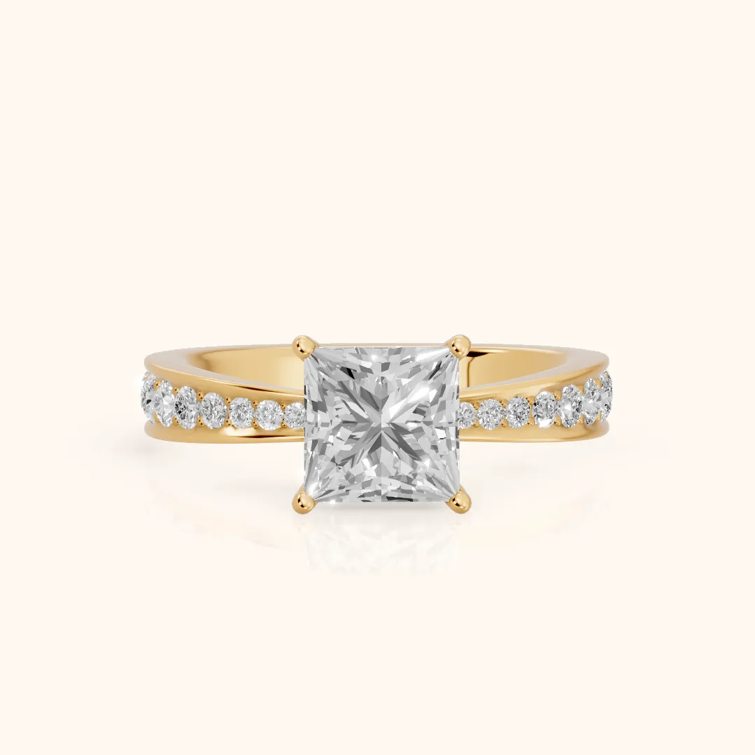 Rhea Sidestone Pavé Princess Diamond Engagement Ring in Yellow Gold — view 2