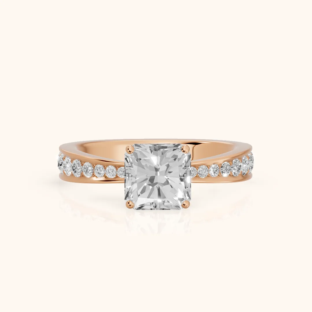 Rhea Sidestone Pavé Radiant Diamond Engagement Ring in Rose Gold — view 2