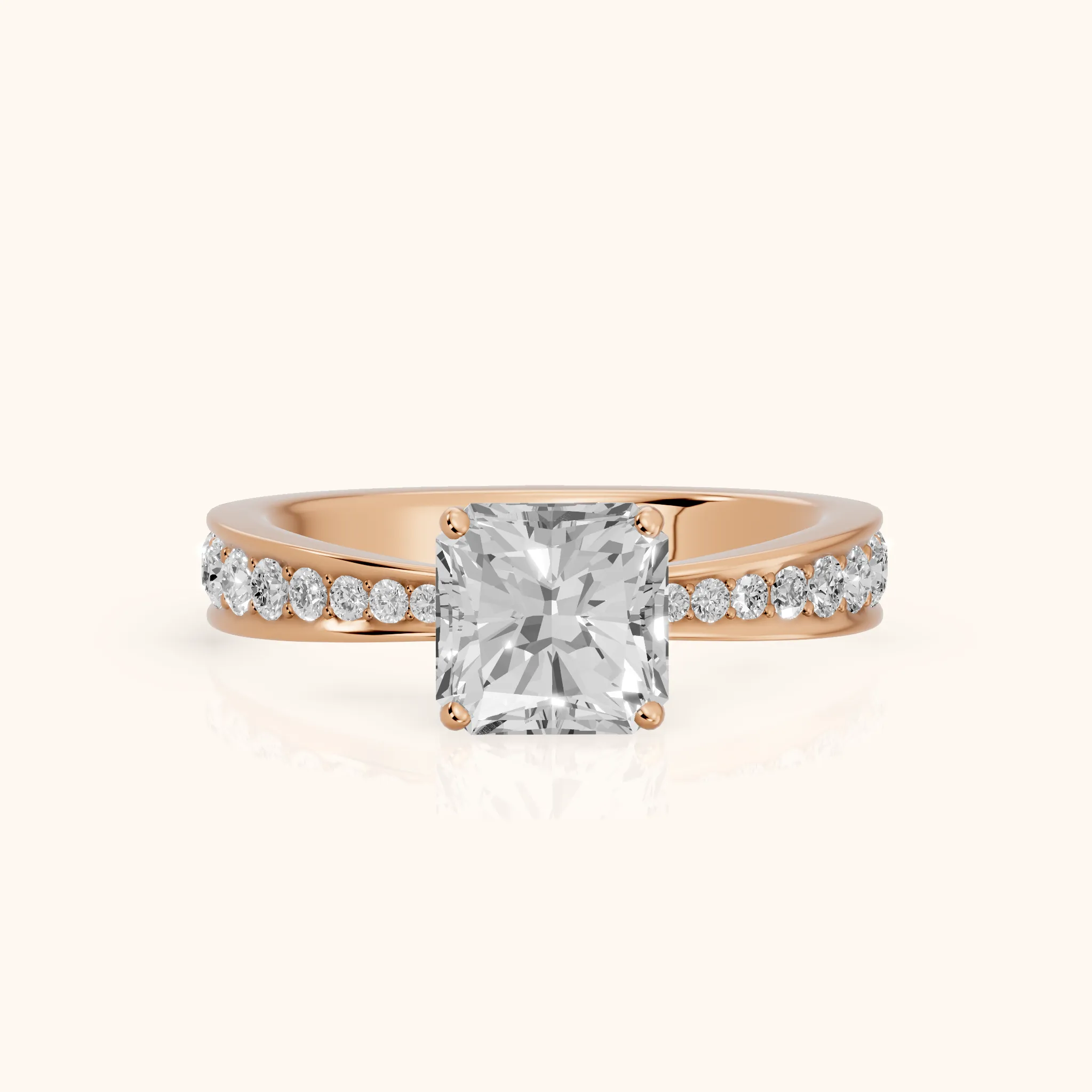 Rhea Sidestone Pavé Radiant Diamond Engagement Ring in Rose Gold — view 1