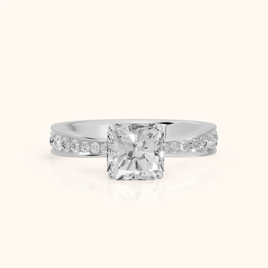 Rhea Sidestone Pavé Radiant Diamond Engagement Ring in Silver — view 2