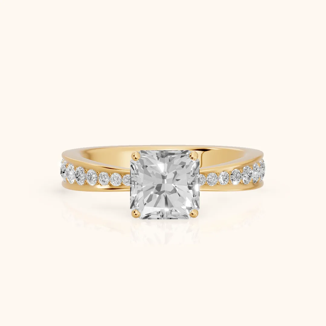 Rhea Sidestone Pavé Radiant Diamond Engagement Ring in Yellow Gold — view 2