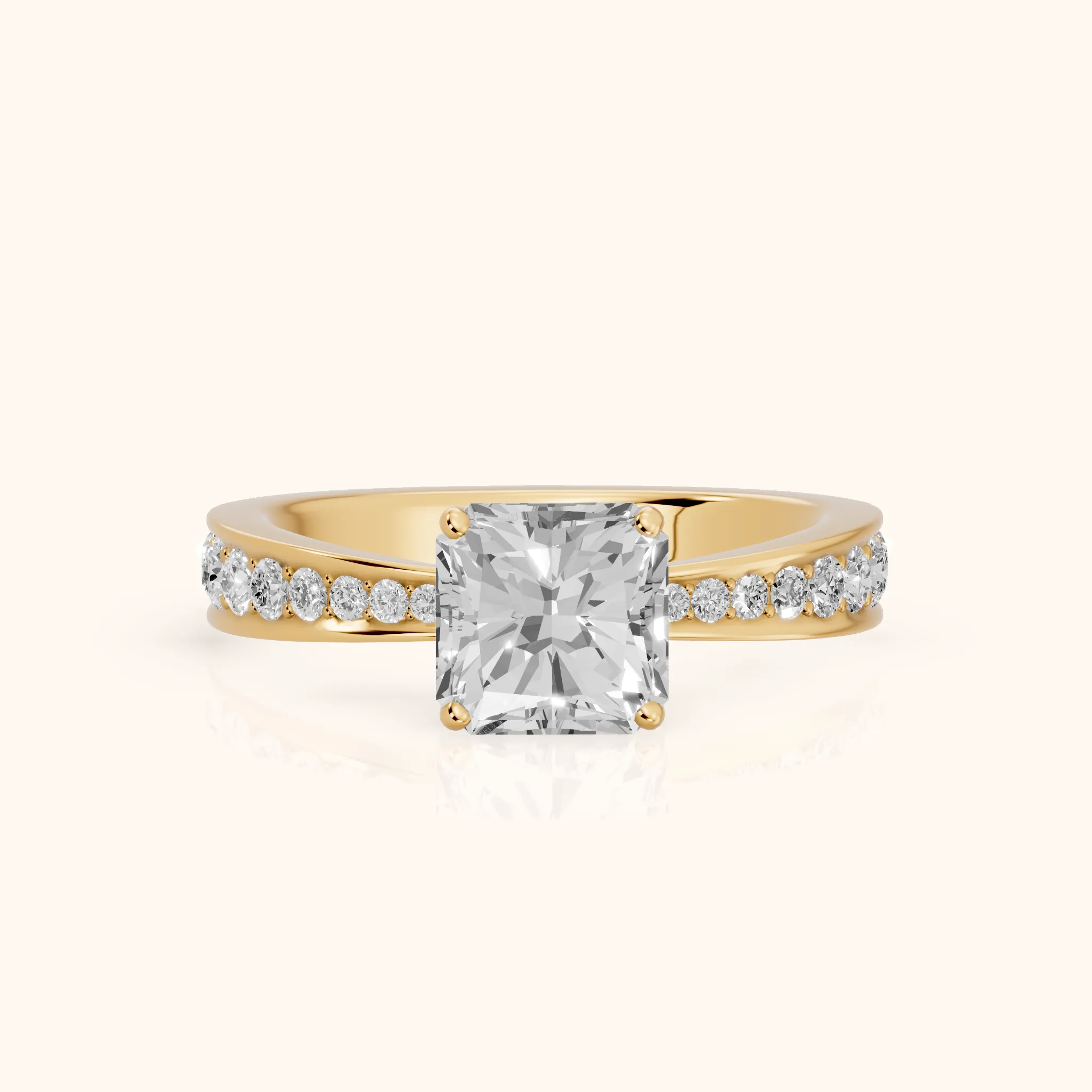 Rhea Sidestone Pavé Radiant Diamond Engagement Ring in Yellow Gold — view 1