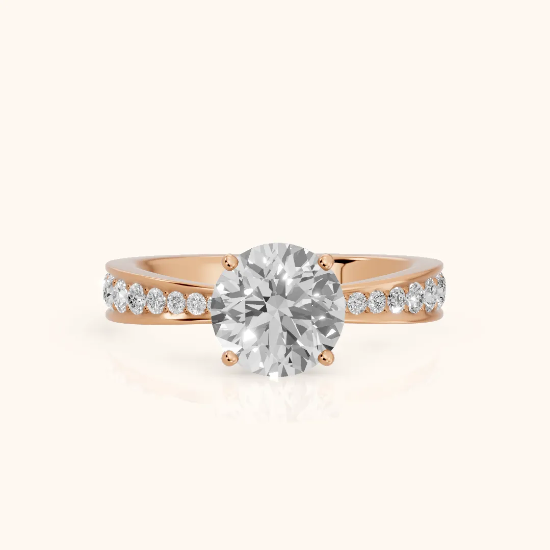 Rhea Sidestone Pavé Round Diamond Engagement Ring in Rose Gold — view 2