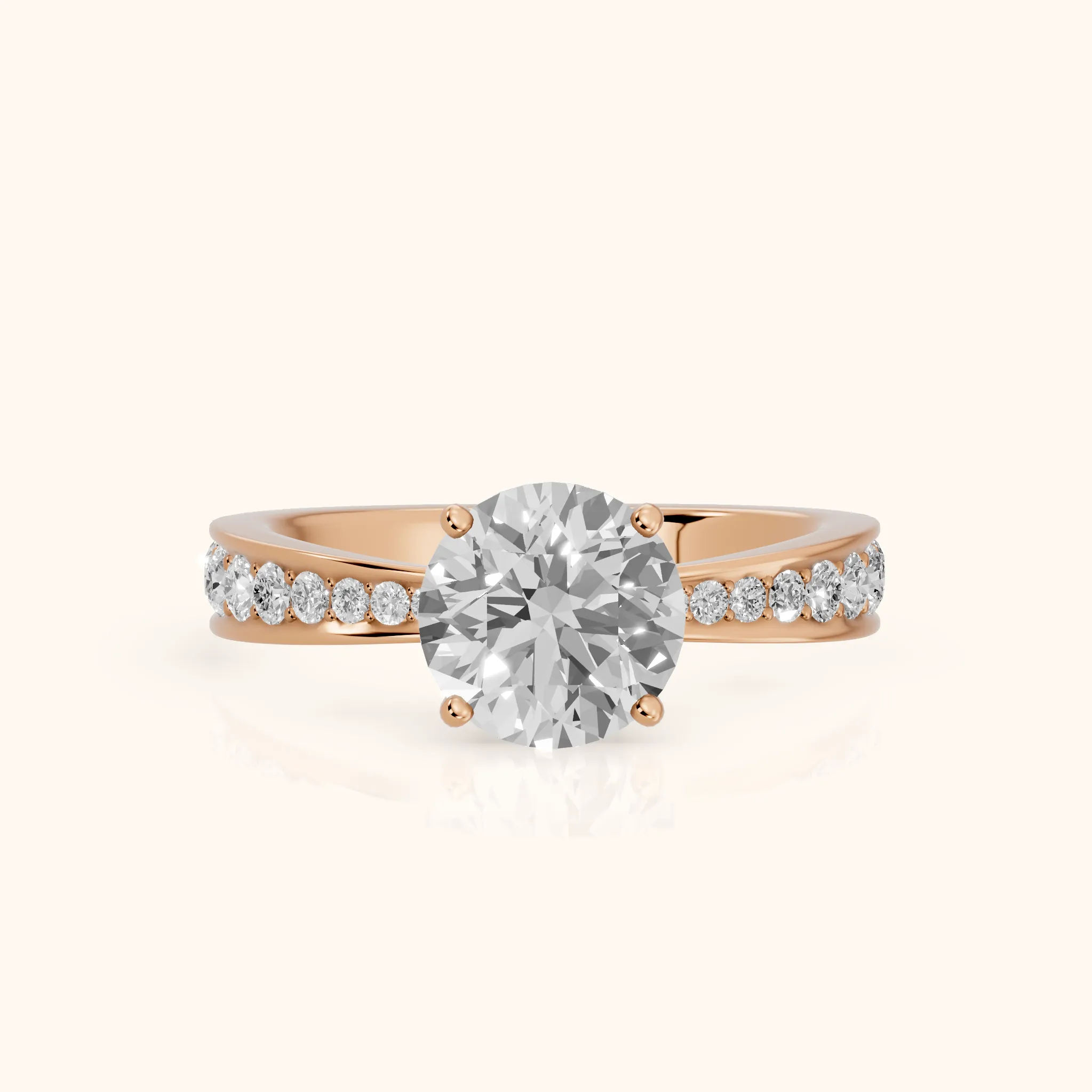 Rhea Sidestone Pavé Round Diamond Engagement Ring in Rose Gold — view 1