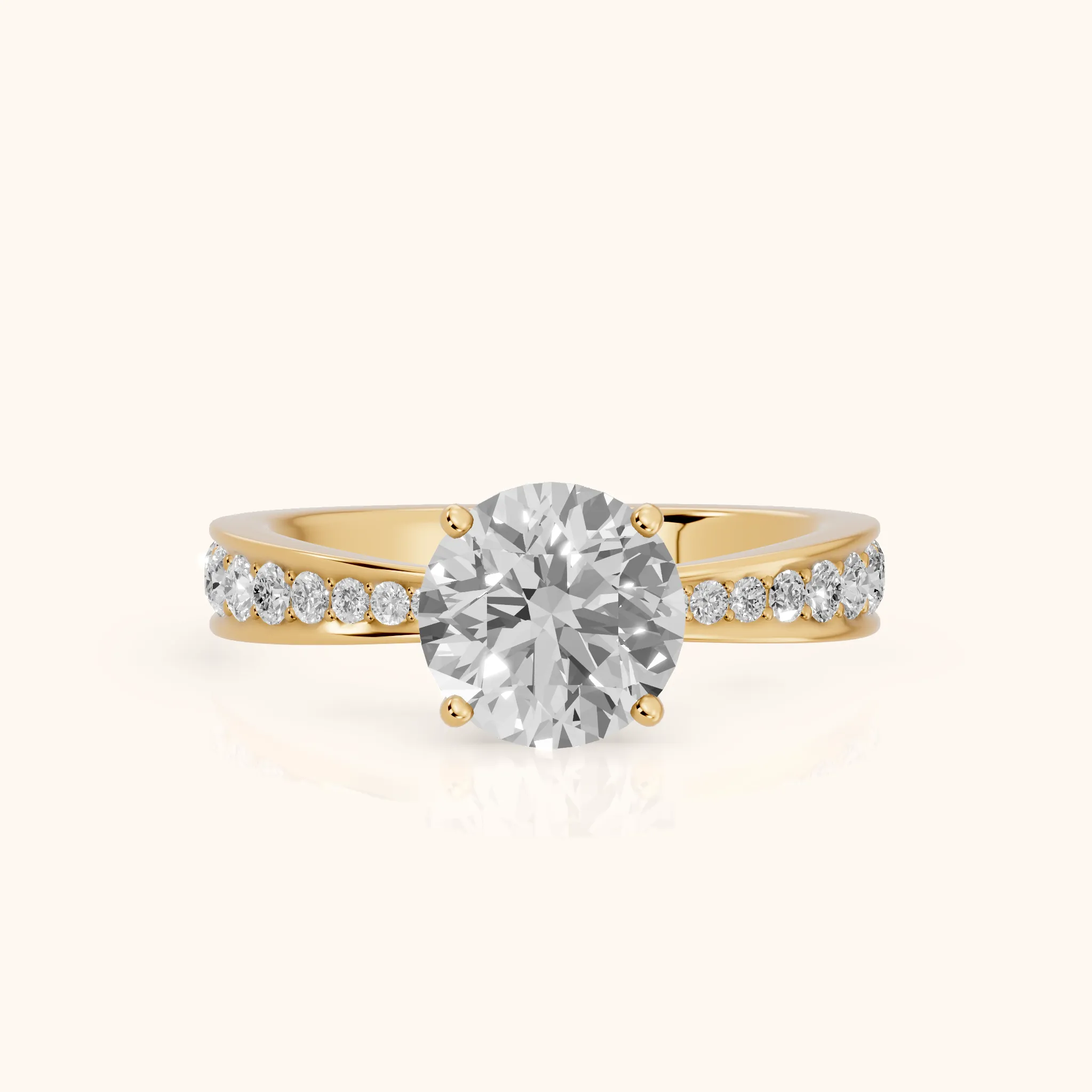 Rhea Sidestone Pavé Round Diamond Engagement Ring in Yellow Gold — view 1