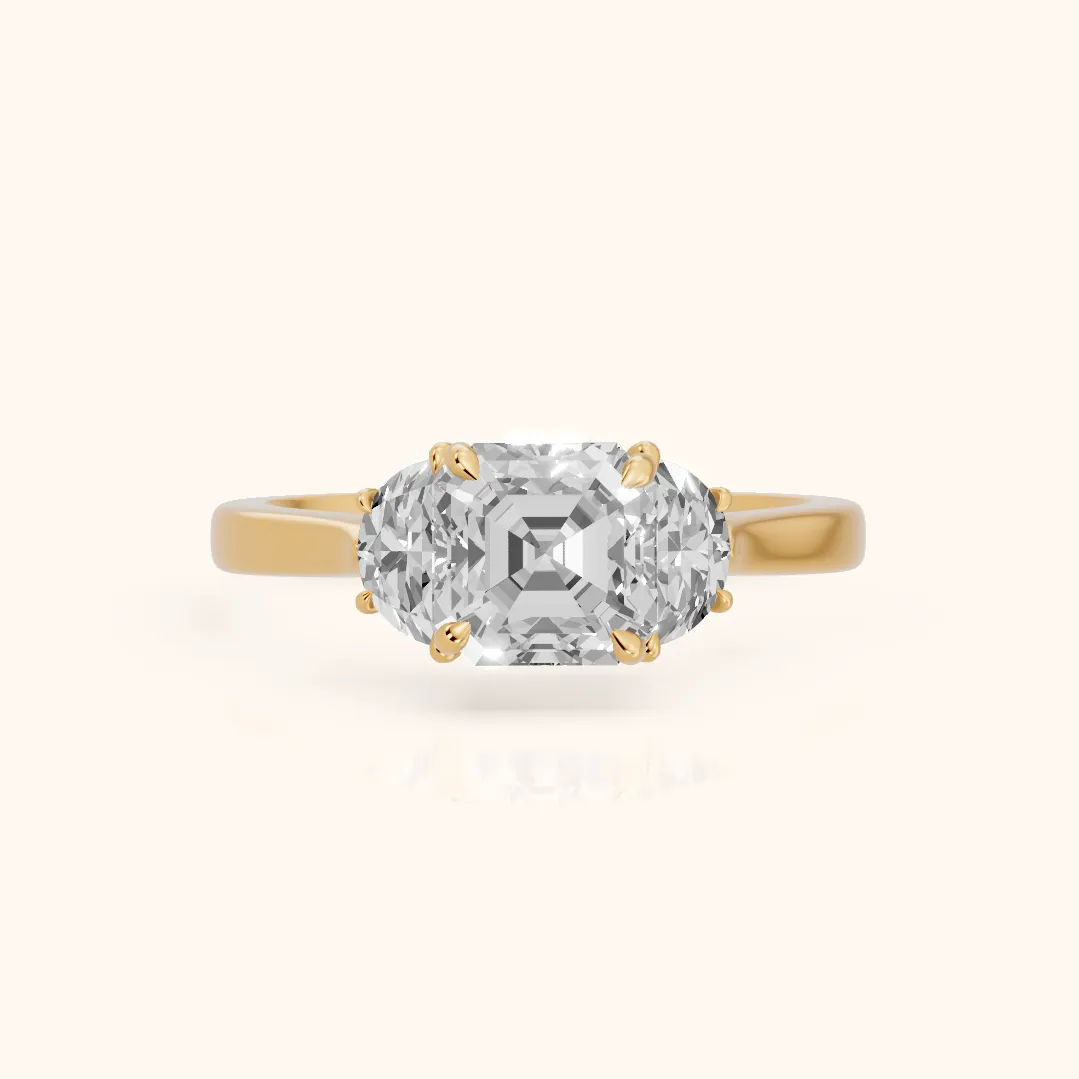 Romy Three-Stone Asscher Diamond Engagement Ring in Yellow Gold — view 2