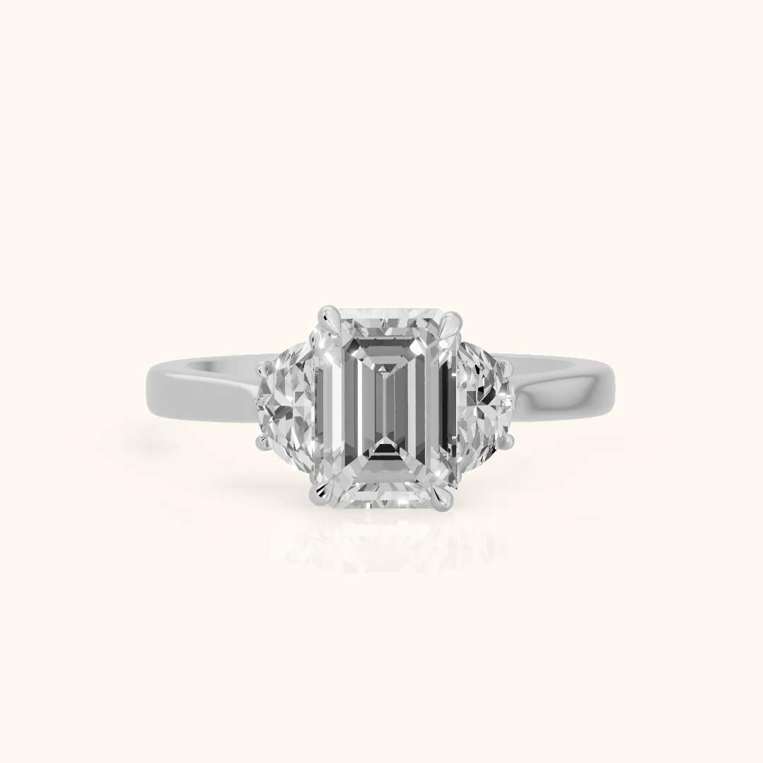 Romy Three-Stone Emerald Diamond Engagement Ring in Platinum — view 2