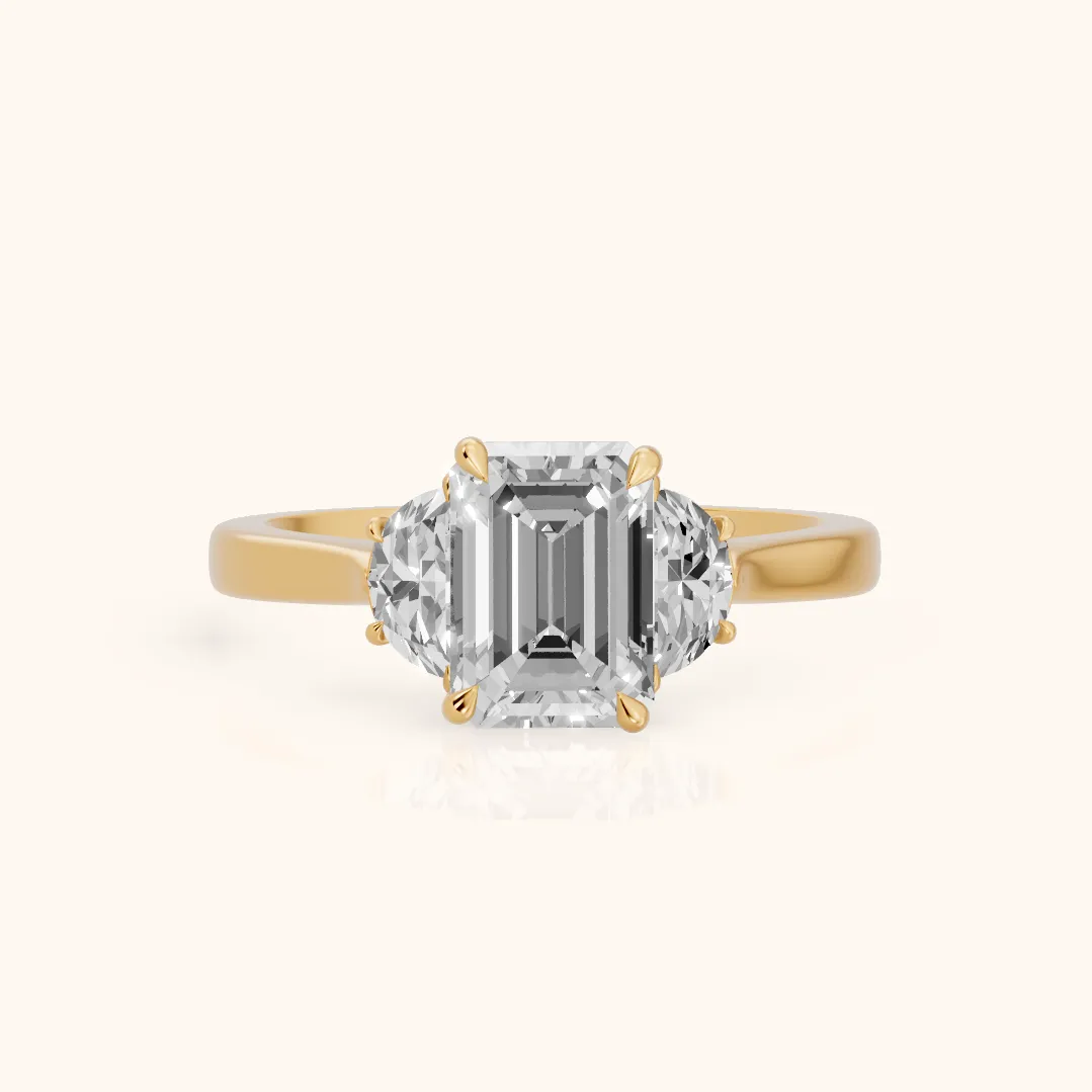 Romy Three-Stone Emerald Diamond Engagement Ring in Yellow Gold — view 2