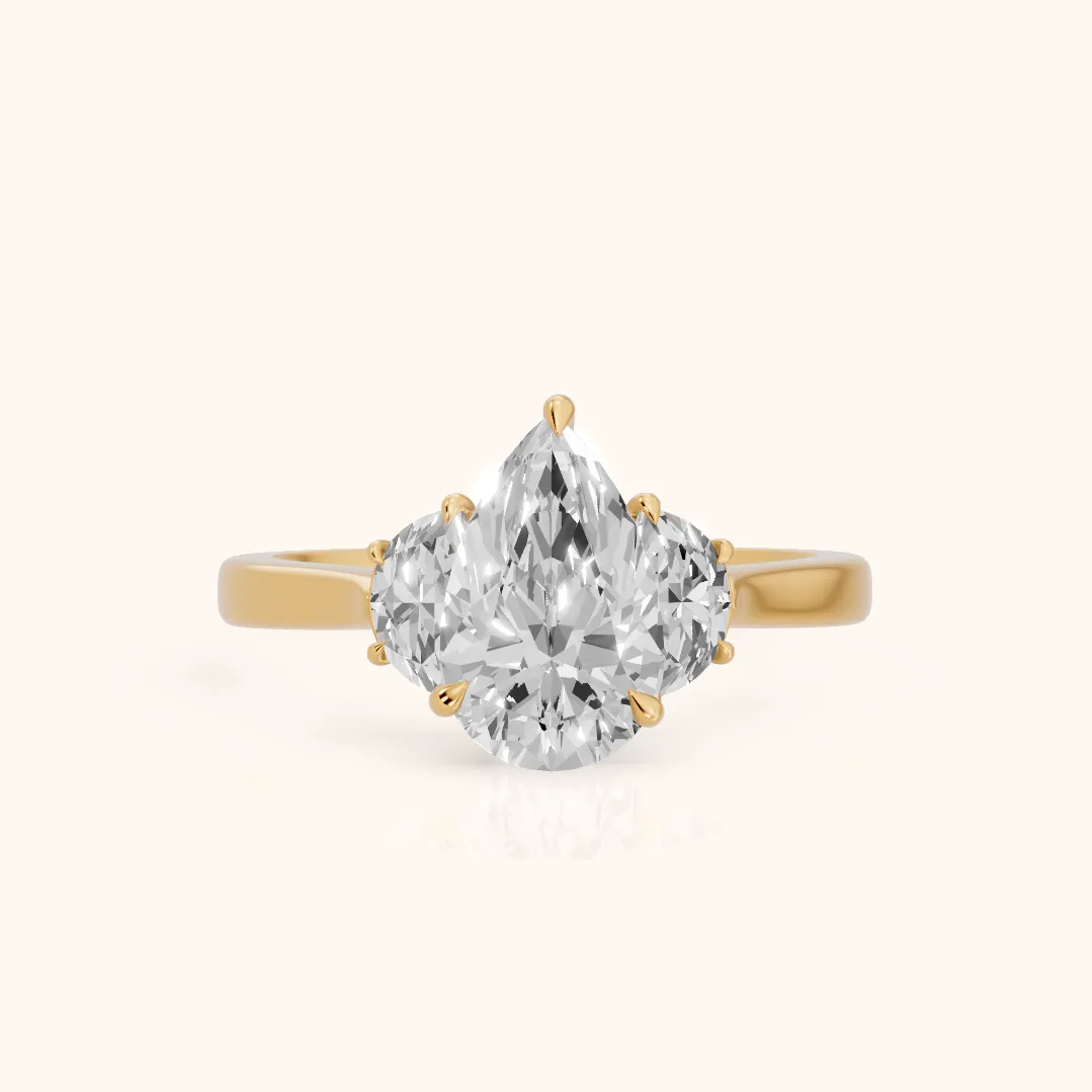 Romy Three-Stone Pear Diamond Engagement Ring in Yellow Gold — view 2