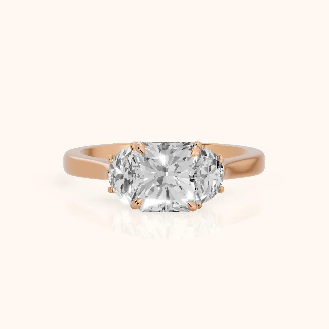 Romy Three-Stone Radiant Diamond Engagement Ring in Rose Gold — view 2