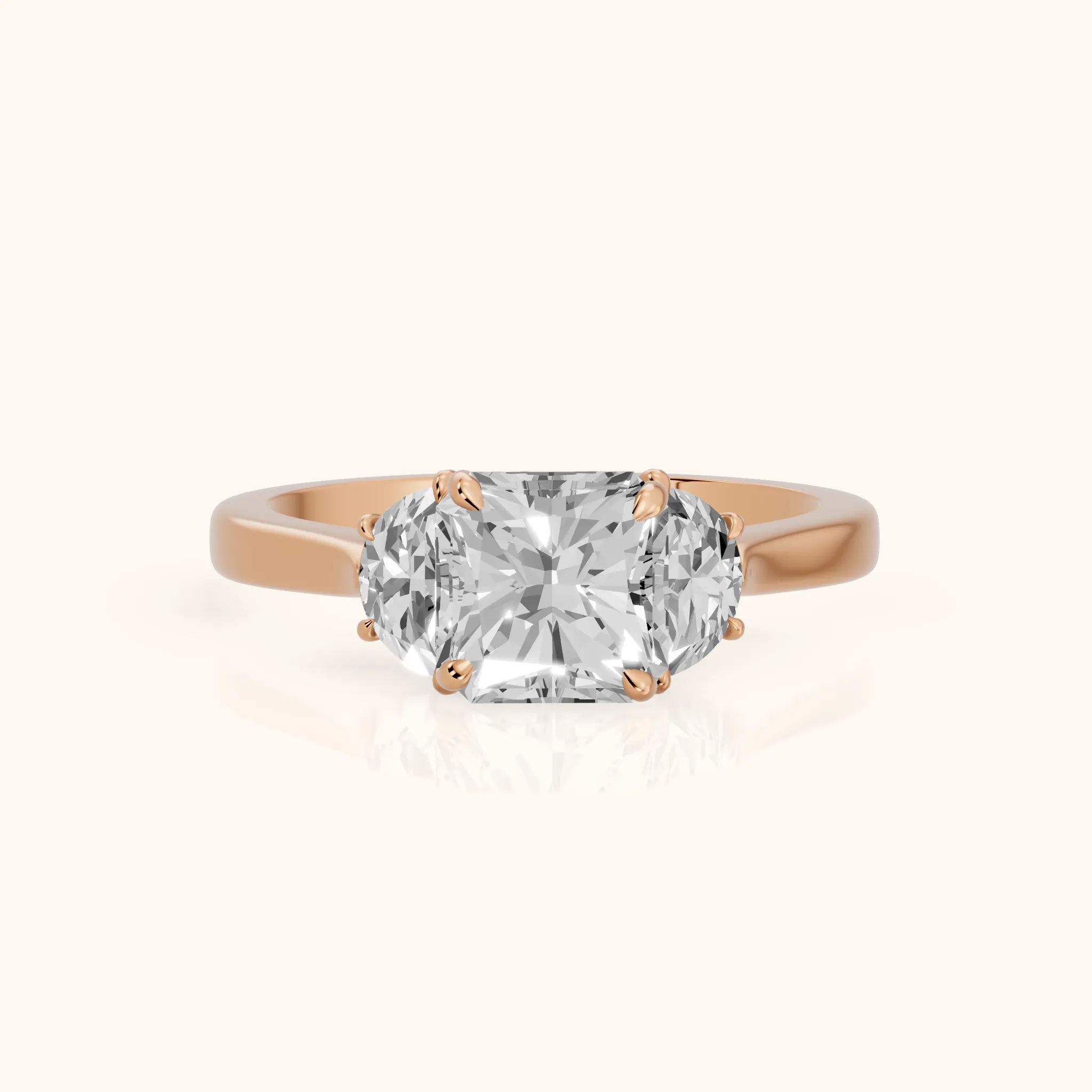 Romy Three-Stone Radiant Diamond Engagement Ring in Rose Gold — view 1