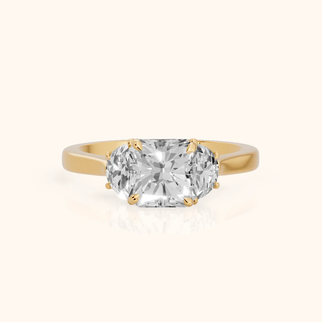 Romy Three-Stone Radiant Diamond Engagement Ring in Yellow Gold — view 2