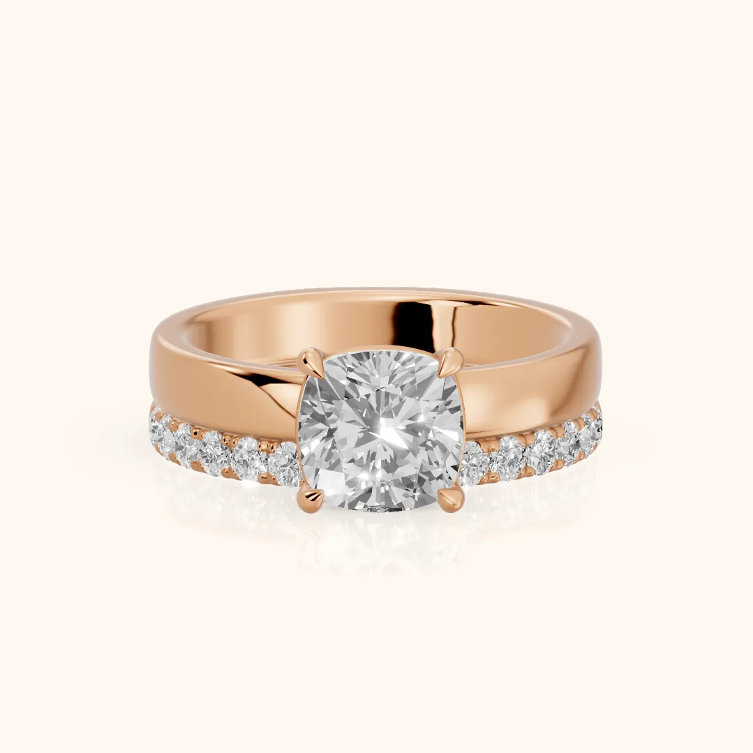 Veda Split Shank Pavé Cushion Diamond Engagement Ring in Rose Gold — view 2