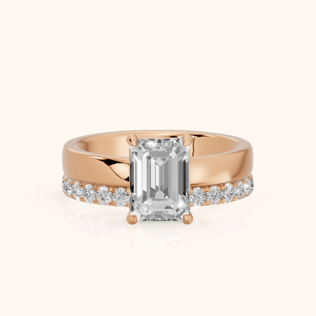 Veda Split Shank Pavé Emerald Diamond Engagement Ring in Rose Gold — view 2