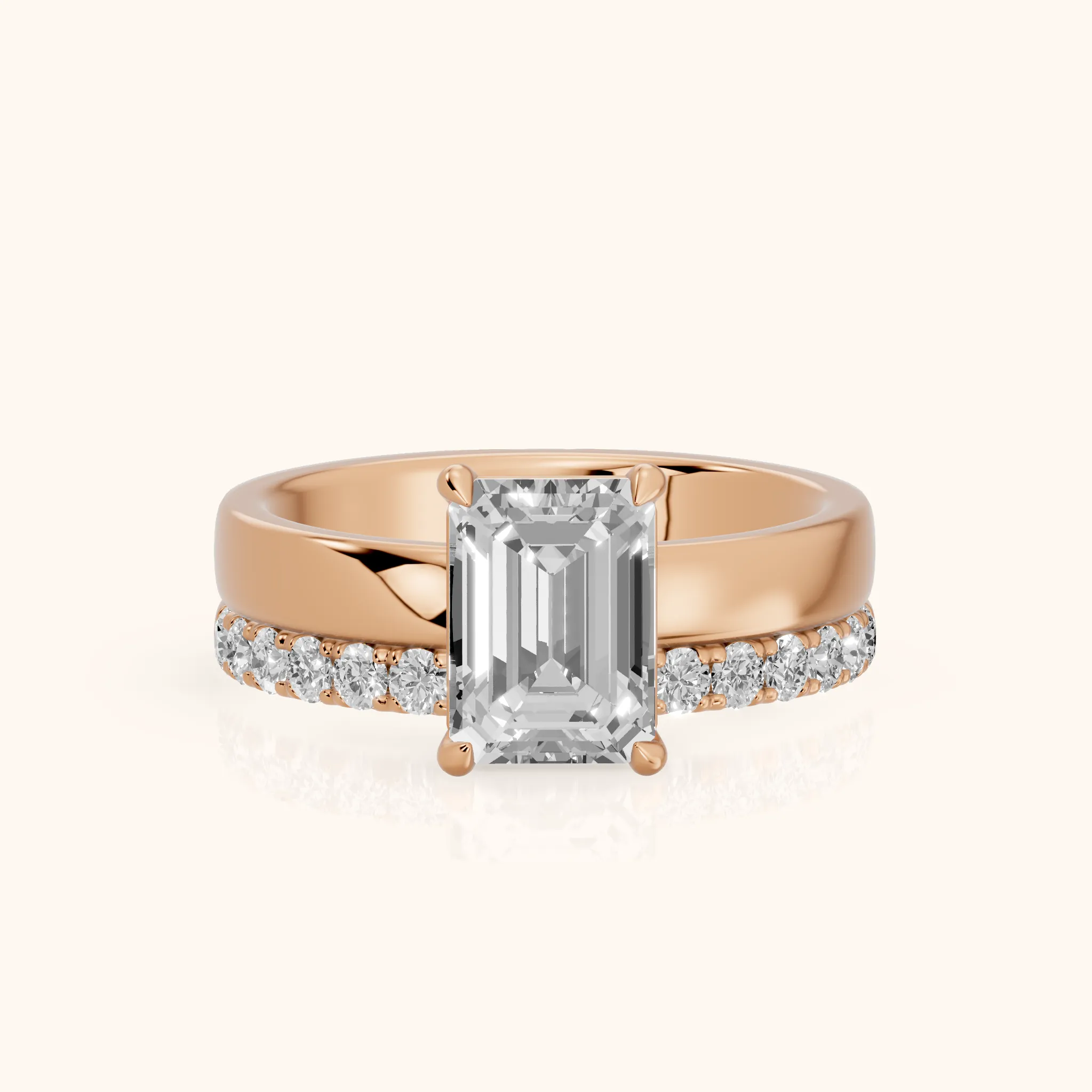 Veda Split Shank Pavé Emerald Diamond Engagement Ring in Rose Gold — view 1