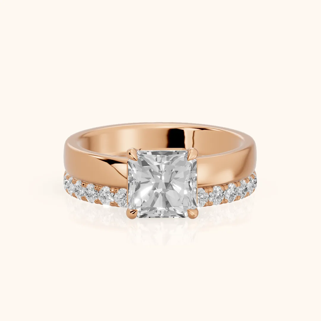 Veda Split Shank Pavé Radiant Diamond Engagement Ring in Rose Gold — view 2