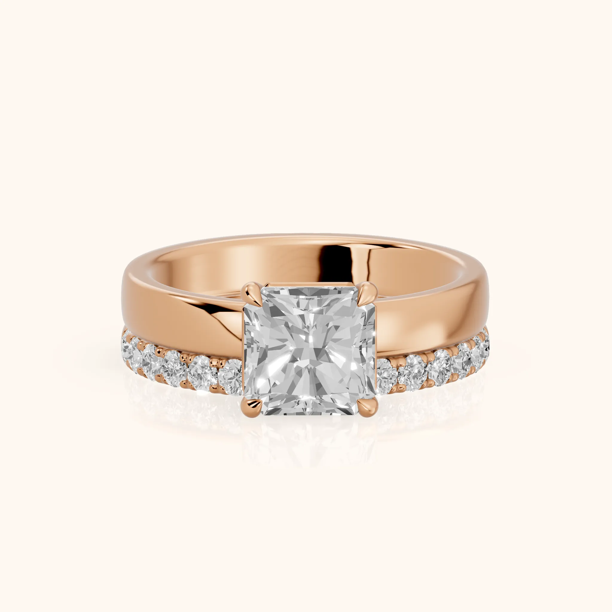 Veda Split Shank Pavé Radiant Diamond Engagement Ring in Rose Gold — view 1