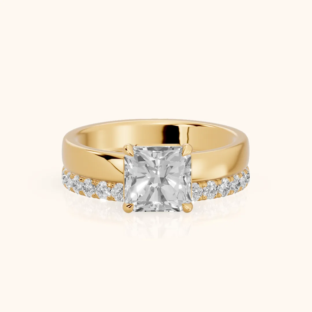 Veda Split Shank Pavé Radiant Diamond Engagement Ring in Yellow Gold — view 2