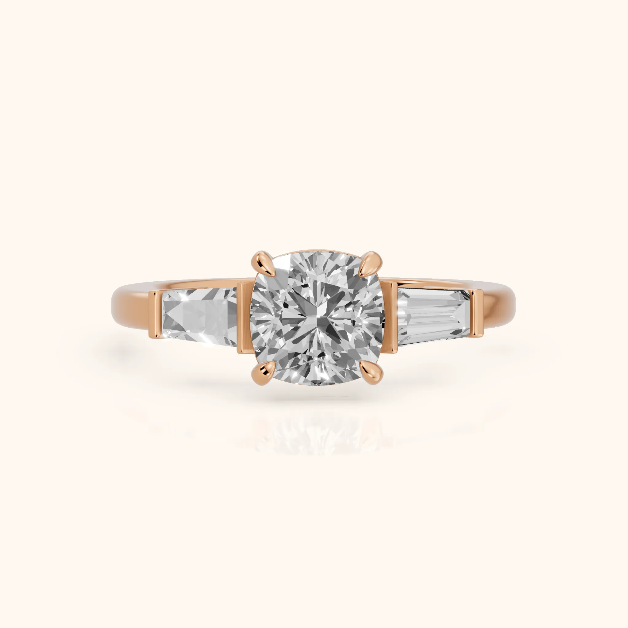 Zelda Tapered Baguette Cushion Diamond Engagement Ring in Rose Gold — view 1
