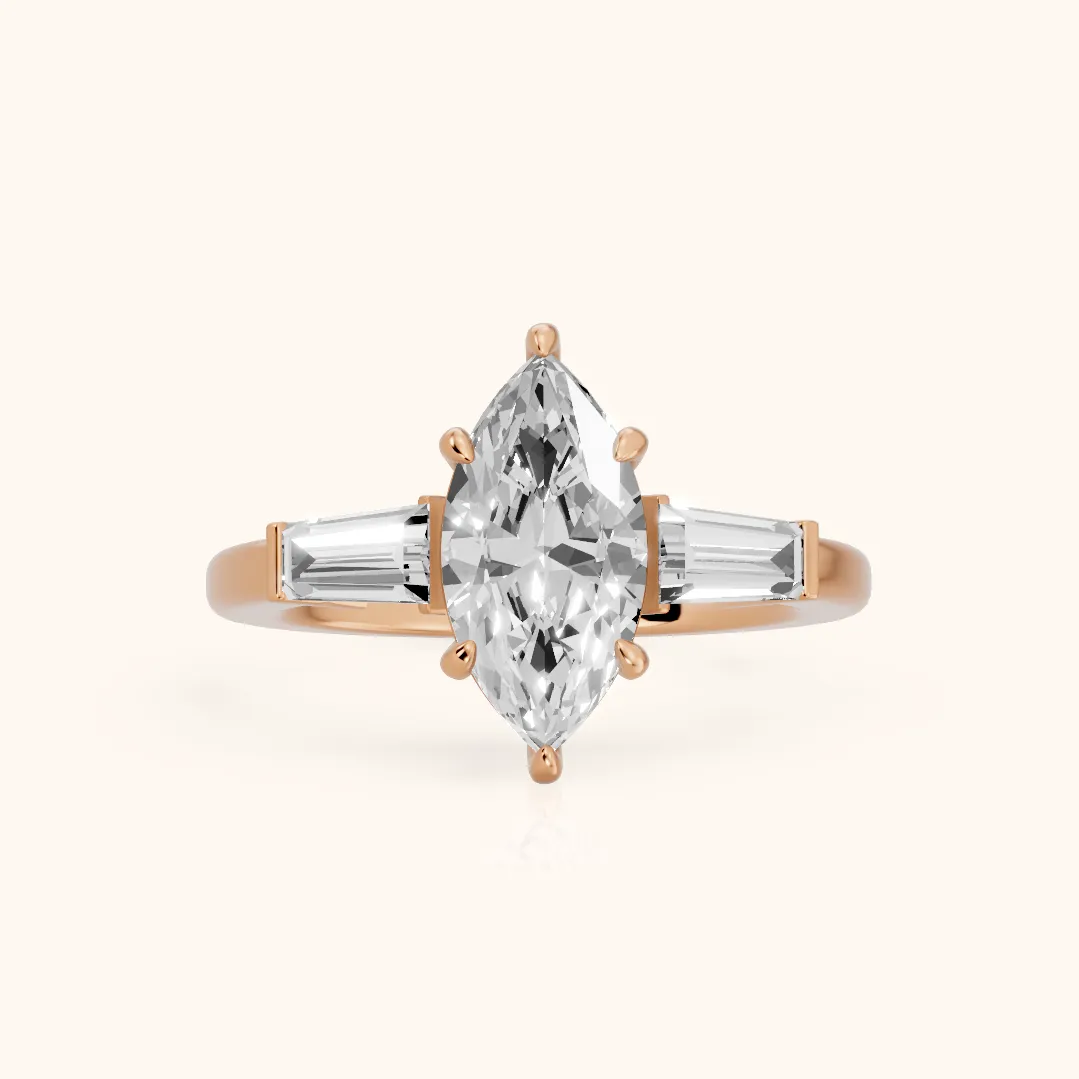 Zelda Tapered Baguette Marquise Diamond Engagement Ring in Rose Gold — view 2