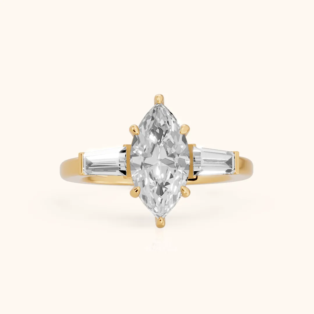 Zelda Tapered Baguette Marquise Diamond Engagement Ring in Yellow Gold — view 2