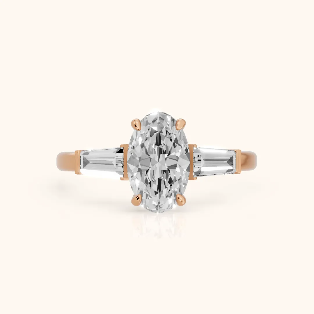 Zelda Tapered Baguette Oval Diamond Engagement Ring in Rose Gold — view 2