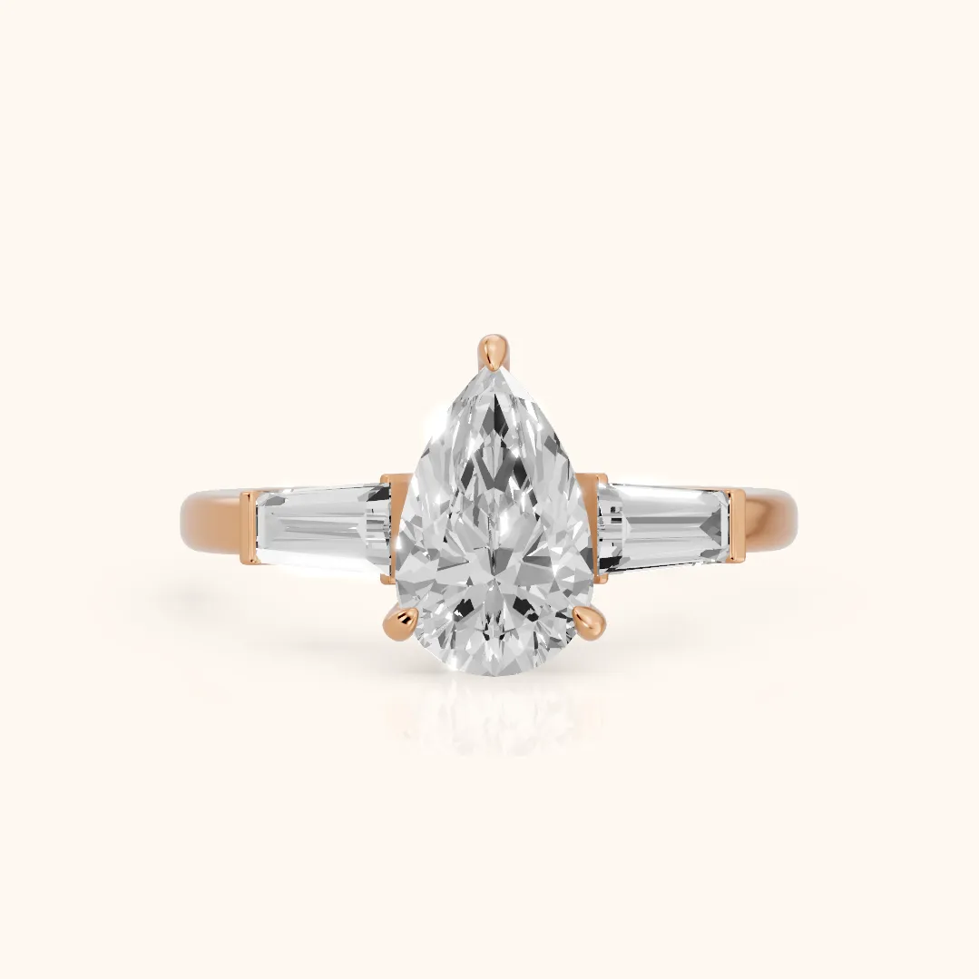 Zelda Tapered Baguette Pear Diamond Engagement Ring in Rose Gold — view 2