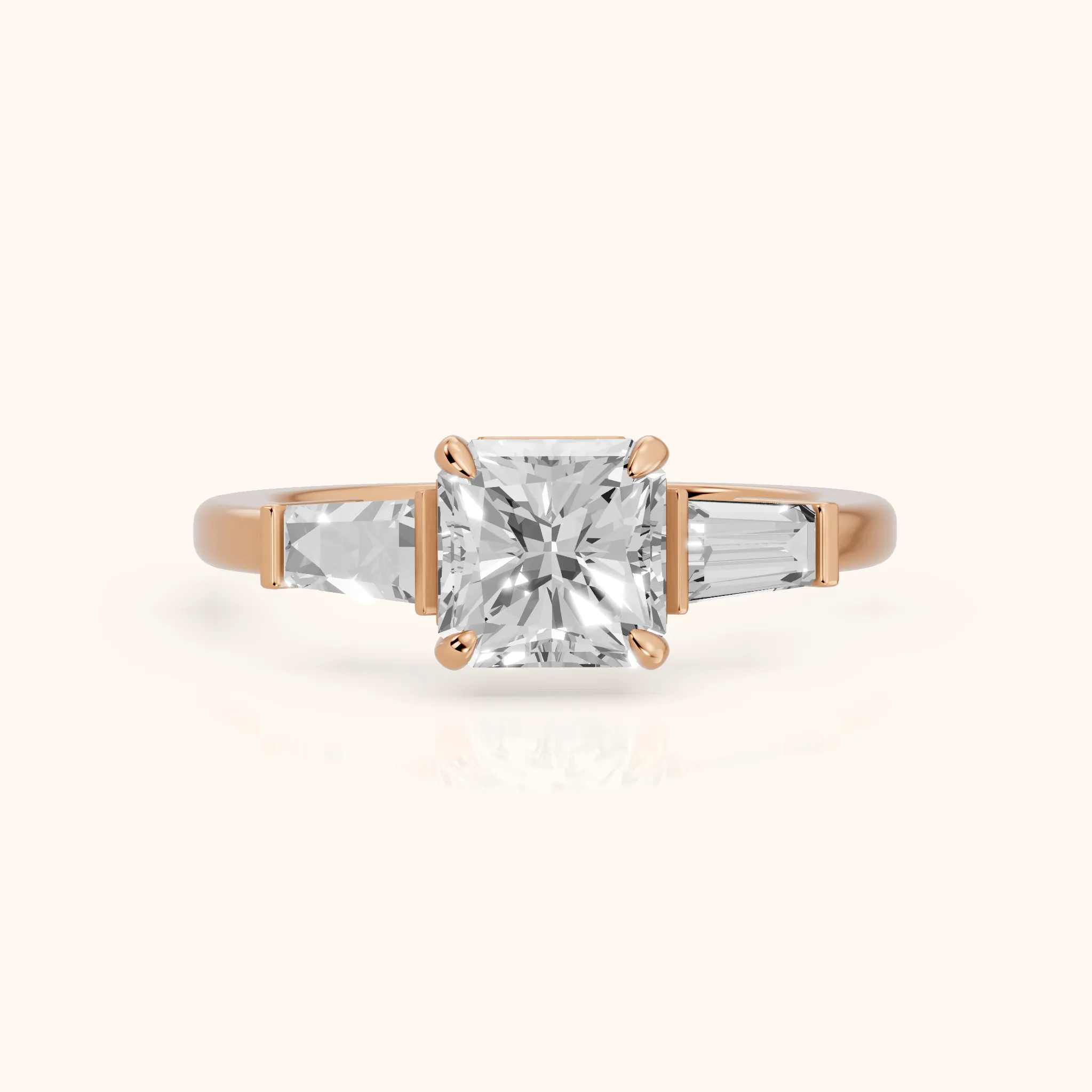 Zelda Tapered Baguette Radiant Diamond Engagement Ring in Rose Gold — view 1