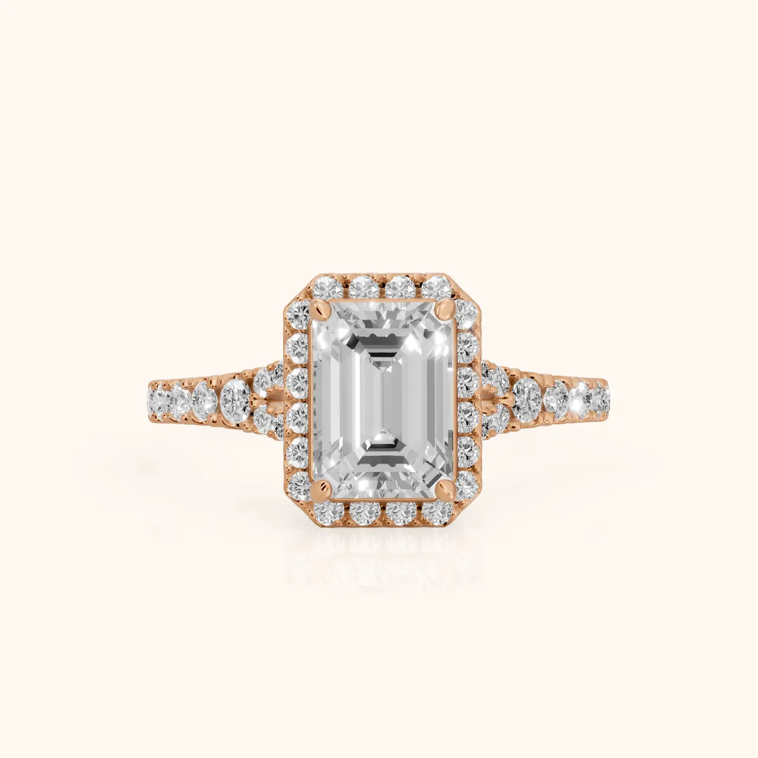Bella Halo Pavé Emerald Diamond Engagement Ring in Rose Gold — view 2