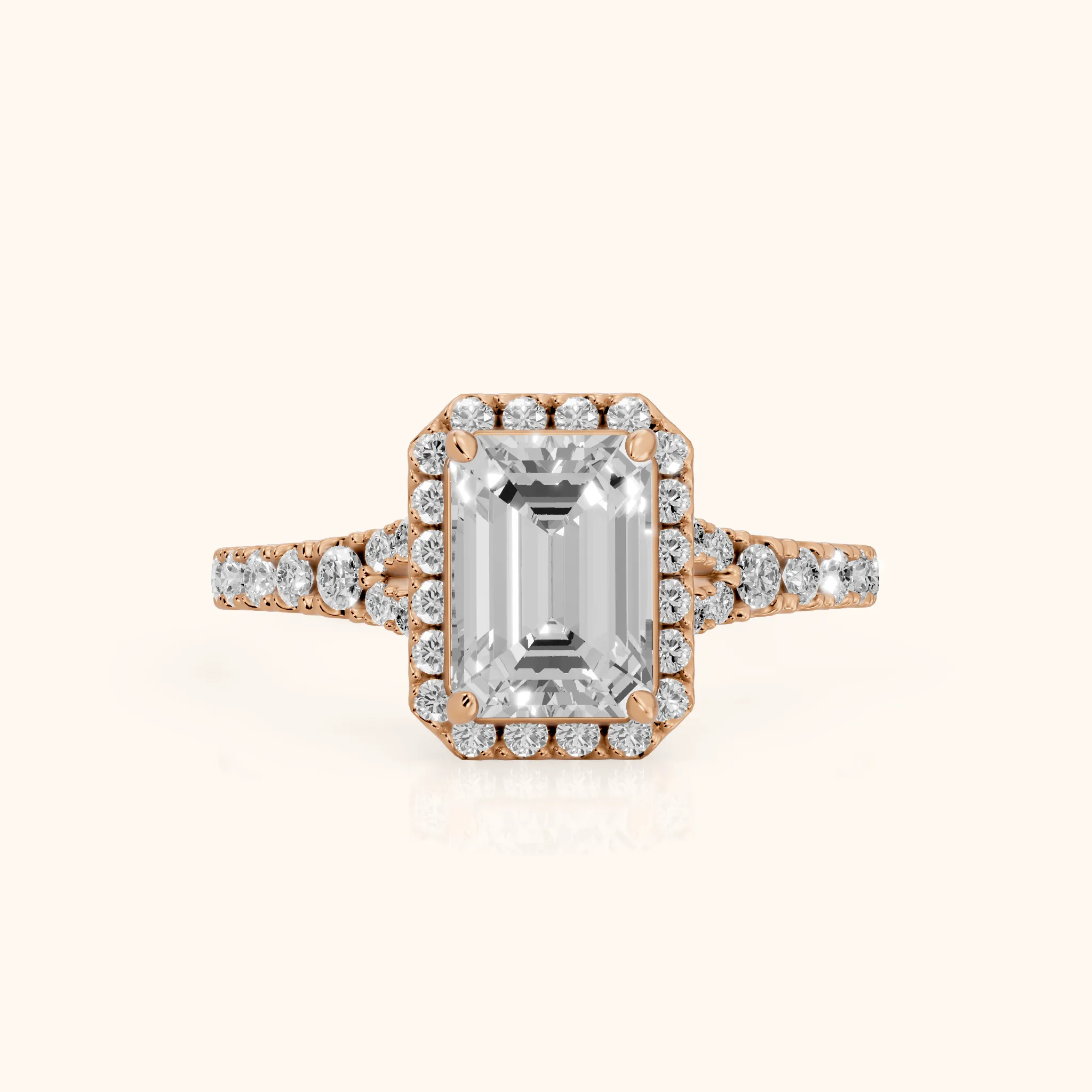 Bella Halo Pavé Emerald Diamond Engagement Ring in Rose Gold — view 1